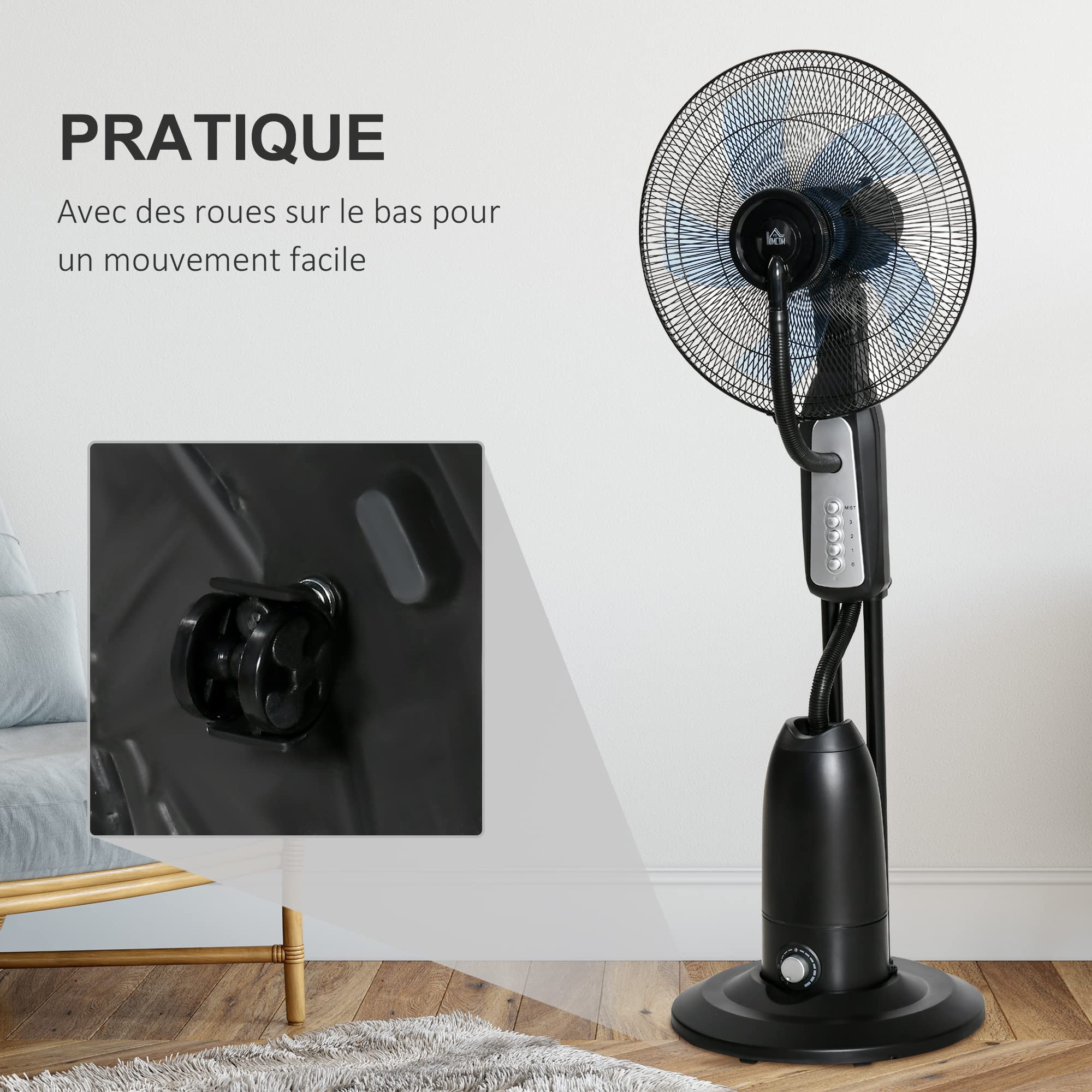 HOMCOM Ventilateur brumisateur silencieux 90 W, ventilateur sur roulettes 120 cm avec 3 vitesses, oscillation à 70°, tête inclinable, réservoir d'eau de 2,8L, noir