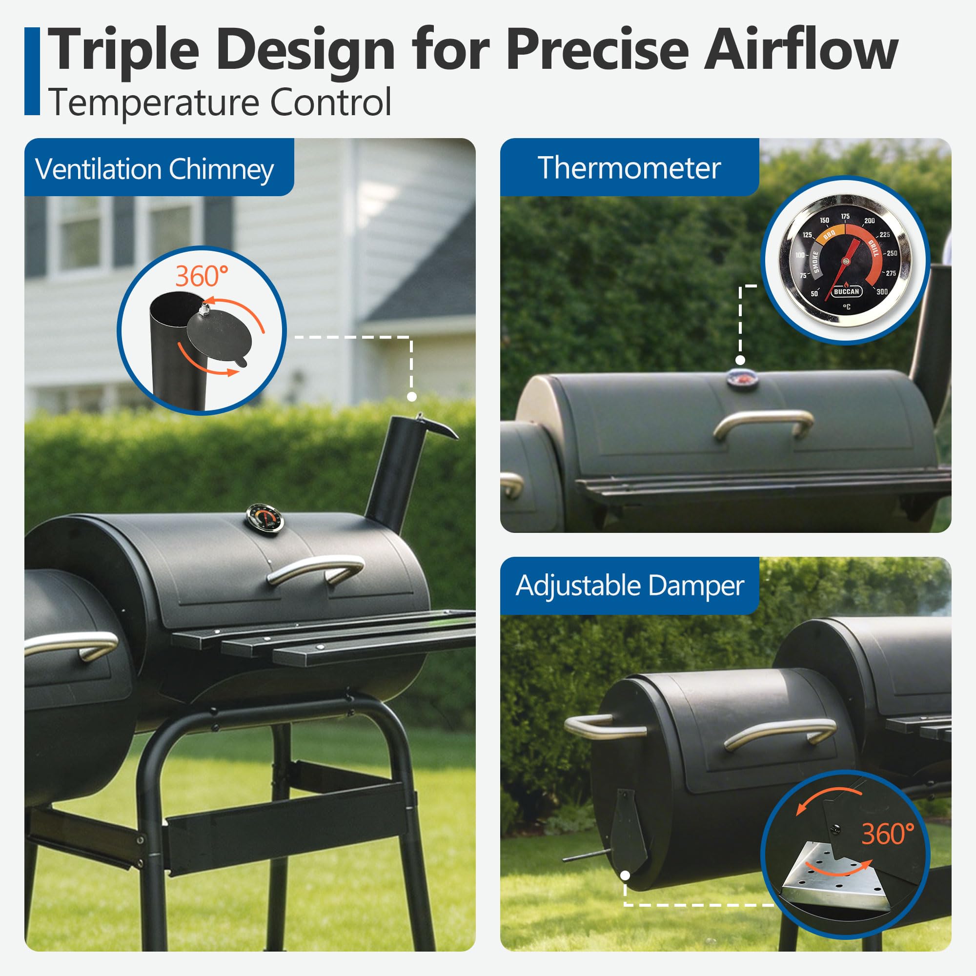 Griglia per barbecue con affumicatore offset, grande griglia a carbone per esterni, campeggio, giardino, feste