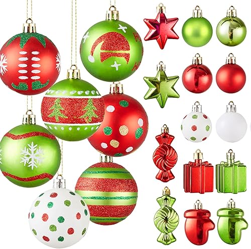 Juego de 42 bolas de Navidad de adornos  Adornos de Navidad rojos y verdes surtidos inastillables brillantes colgantes decoración de árbol de