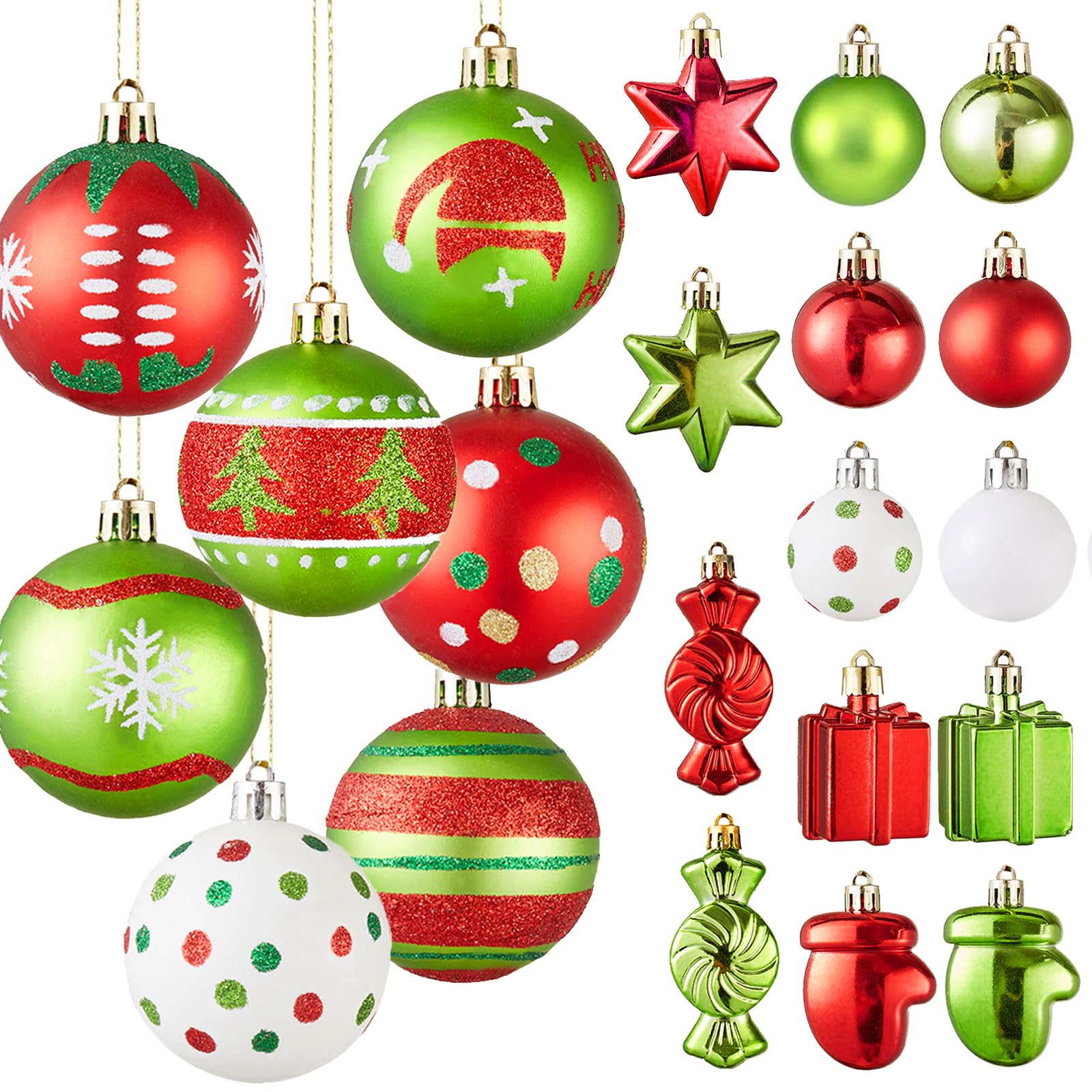42pcs Christmas Balls Ornaments Set - Red and Green Christmas Ornaments Assorted Shatterproof Glittering Hanging Xmas Tree Decorations for Home Indoor Holiday Party Decor
