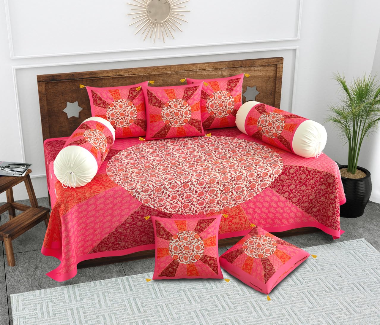 Pure Cotton Diwan Set 8 Piece, Pink & Orange Mandala Patchwork Motif, Jaipuri Handcrafted Print, 1 Bedsheet 2 Bolster 5 Cushion Covers, Traditional Diwan Set for Living Room Hall-picture-22