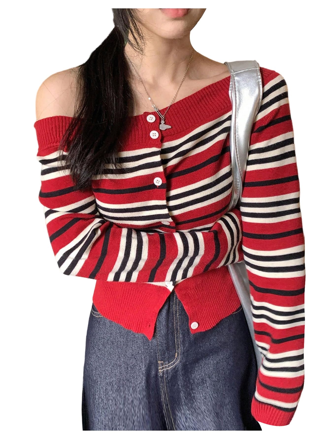 OYOANGLE Womens Striped Button Off The Shoulder Sweater Long Sleeve Fitted Knit Sweaters Fall Tops