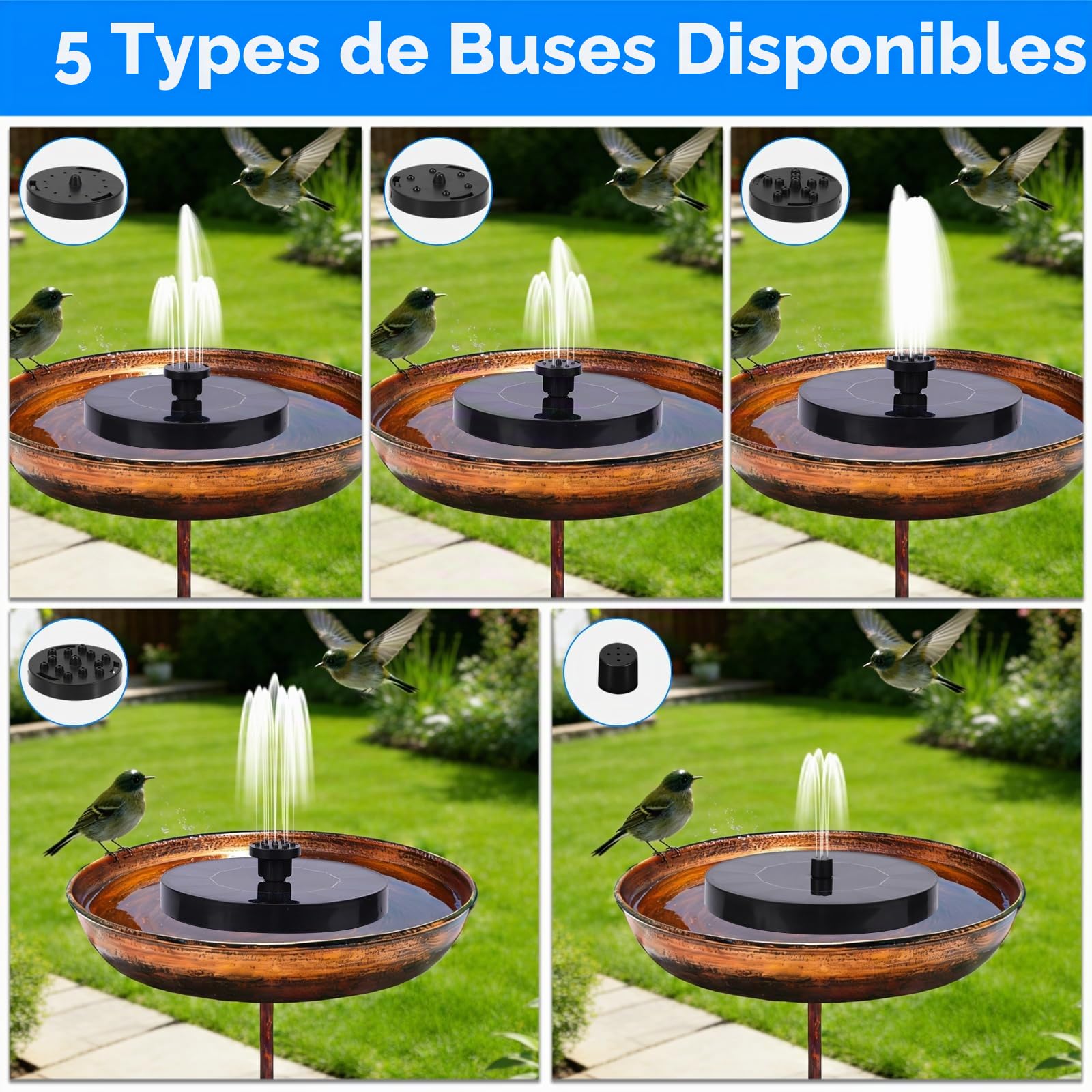 Fontaine Solaire Extérieure, Pompe Solaire Flottante avec 6 Buses, Fontaine pour Bain d’Oiseaux, Bassin, Aquarium, Patio, Étang et Décoration de Jardin Extérieur