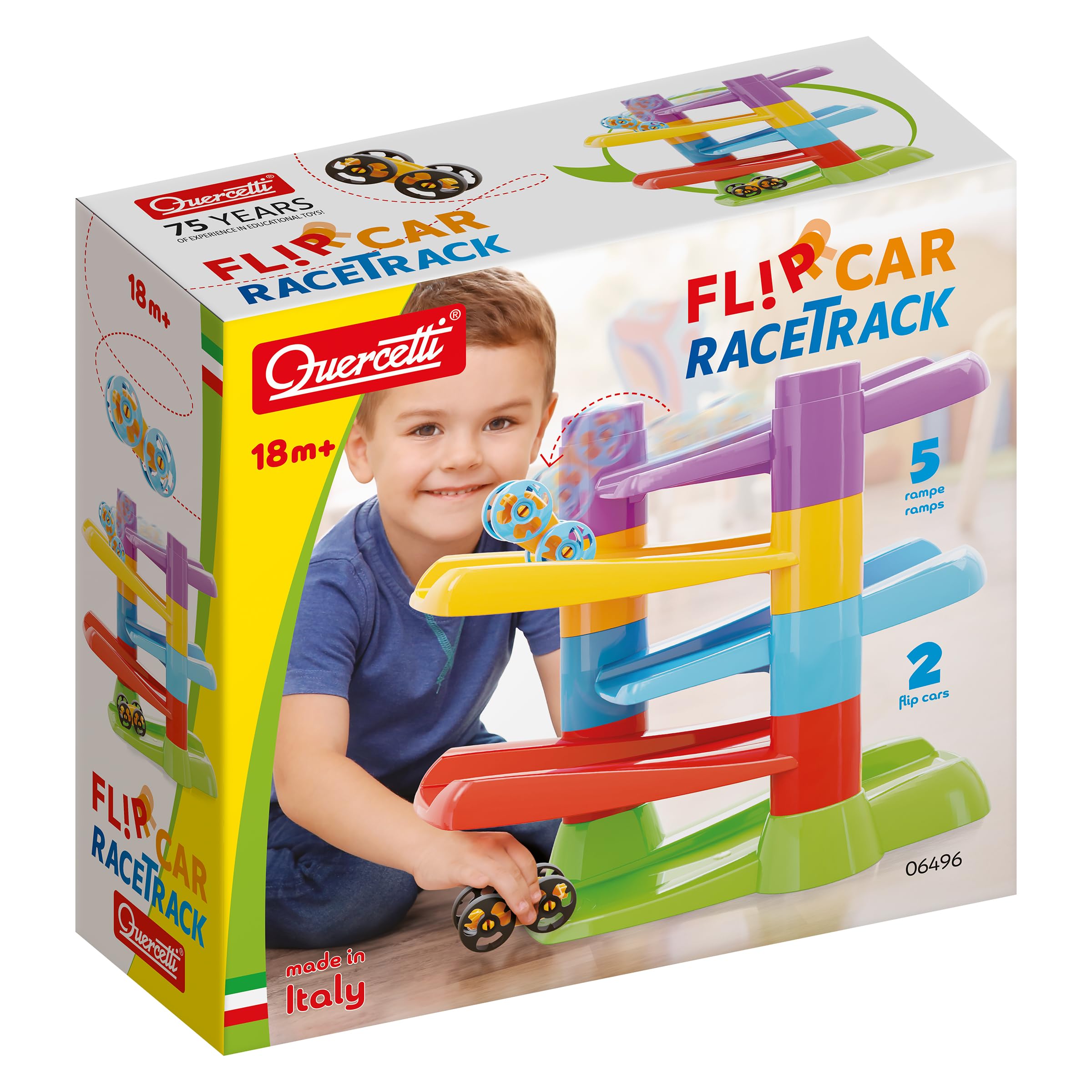 Quercetti Flip Car Race Track, Race Two Flip Cars, 4 Ramps, 1 Finish Ramp 2 Little Cars, Fun for Boys and Girls 18m+