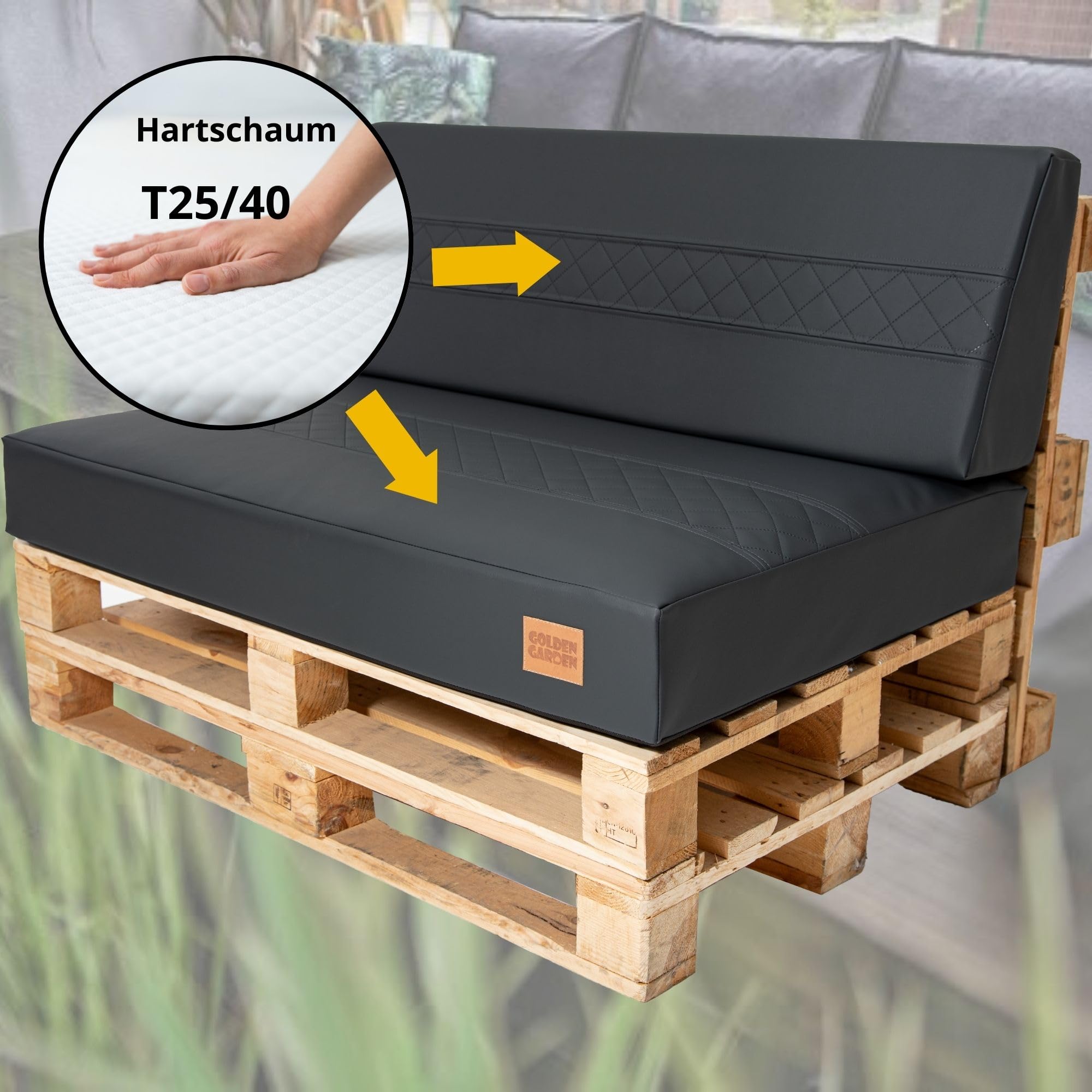 GoldenGroup Gartenset Kissen für Palettenmöbel Schwarz - Eco-Leder mit gestepptem Einsatz Sofakissen - Polster Hartschaum - Sitzkissen 120cm x 80cm x 10cm & 120cm x 40cm x 10/20cm Rückenkissen