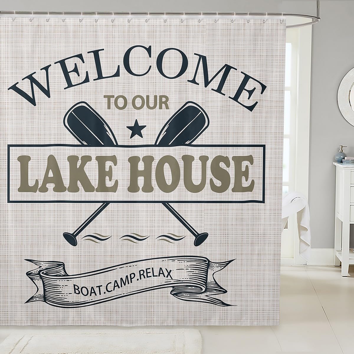 Lake House Bath Curtain,Go Boating Paddle Lake Life Themed Bathroom Shower Curtain for Kids Boys,Retro Beige Plaid Lakeside Decor Waterproof Fabric