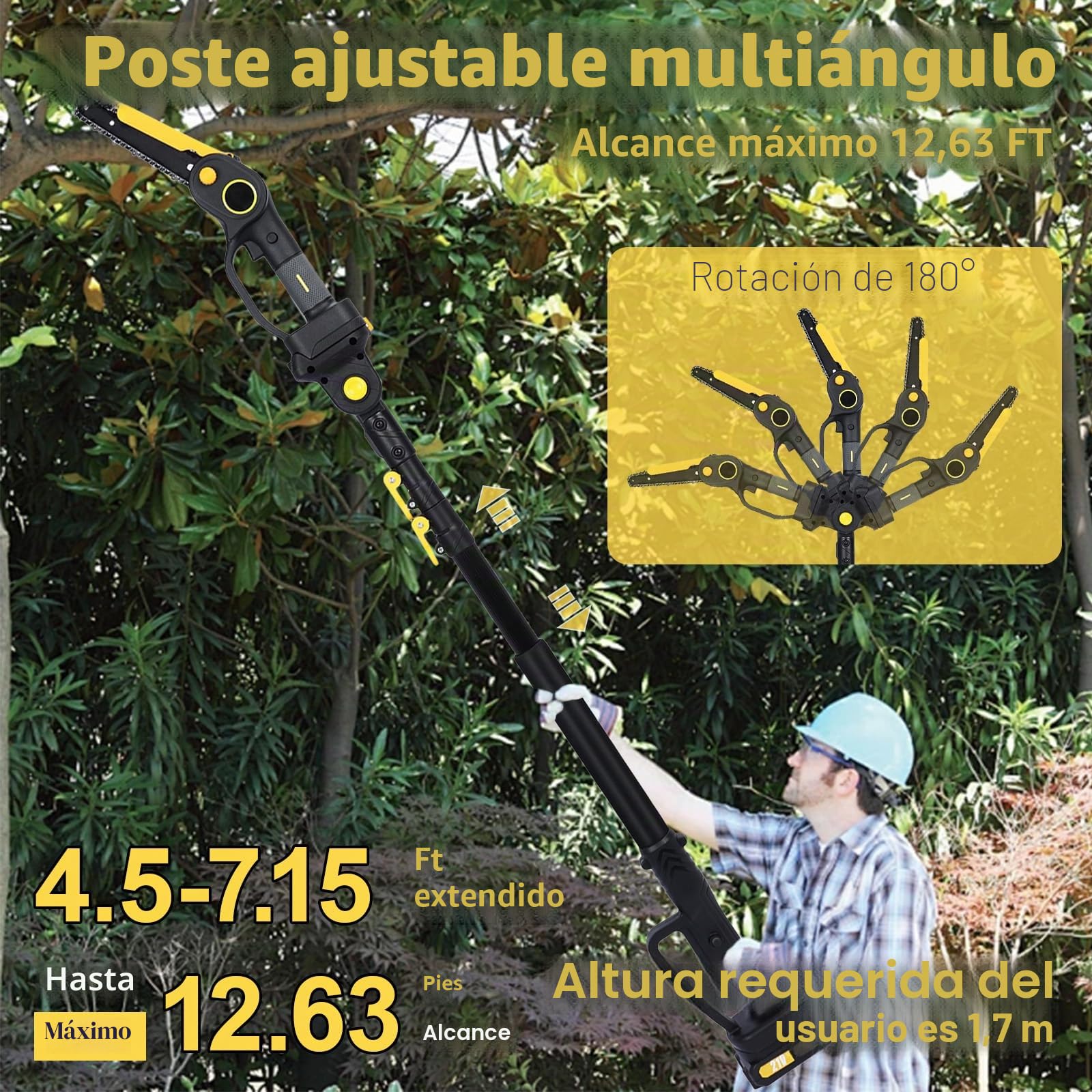 Podadora eléctrica 2 en 1 y motosierra eléctrica de 6 pulgadas, con batería, 2 x 2000 mAh, motor sin escobillas, sierra de podar telescópica, con mango telescópico de hasta 3,5 m de altura