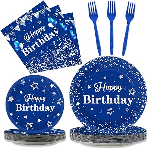 Tevxj - Juego de vajilla para fiesta de cumpleaños, 96 piezas en azul marino y plata, platos desechables, servilletas, tenedores para 24 invitados,