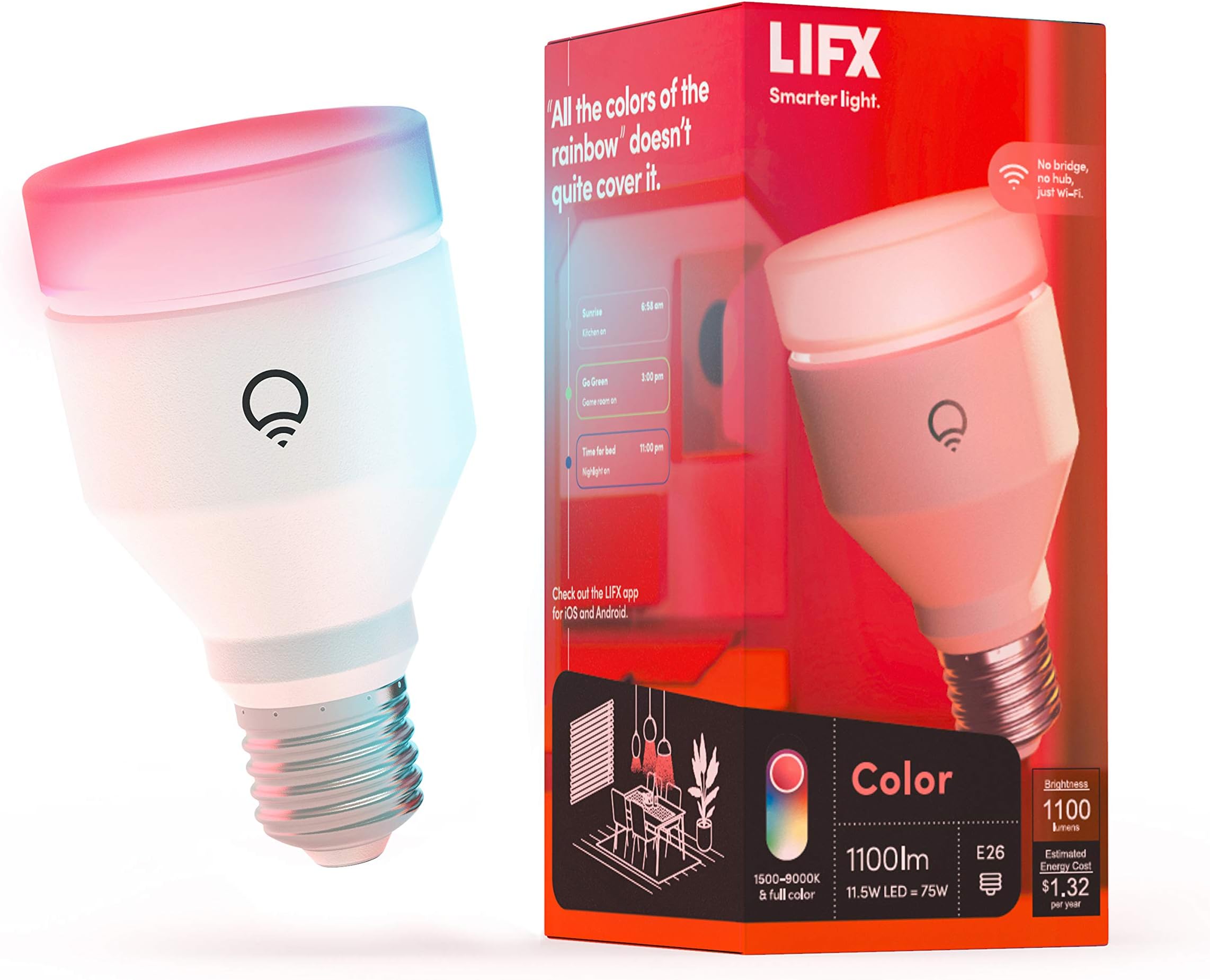Color, A19 1100 lumens, Wi-Fi Smart LED Light Bulb, Billions of Colors and Whites, No Bridge Required, Compatible with Alexa, Hey Google, HomeKit and Siri