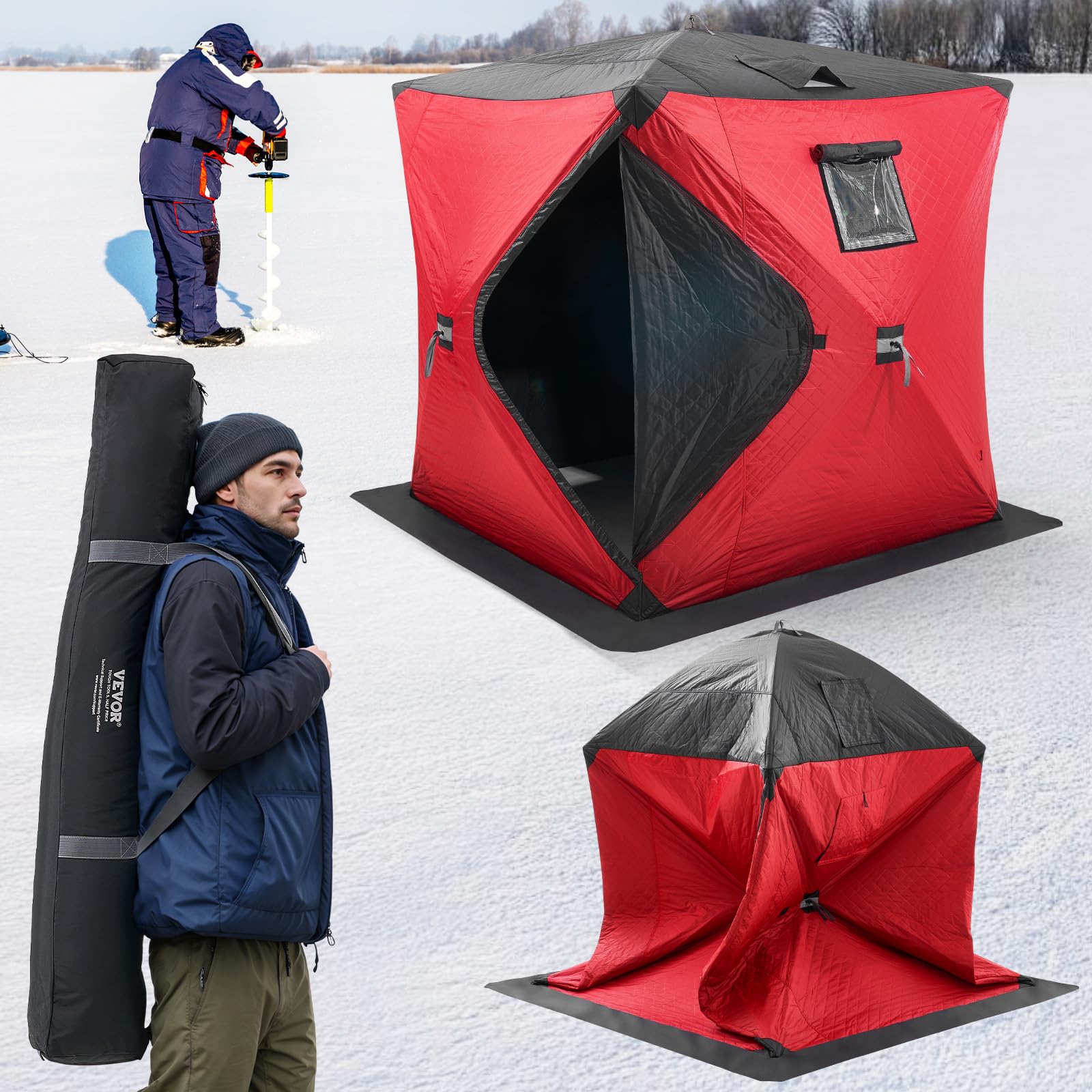 VEVOR Abri de Pêche sur Glace 1,8x1,8x2 m Tente Escamotable Portable Isolant Thermique Tissu Oxford