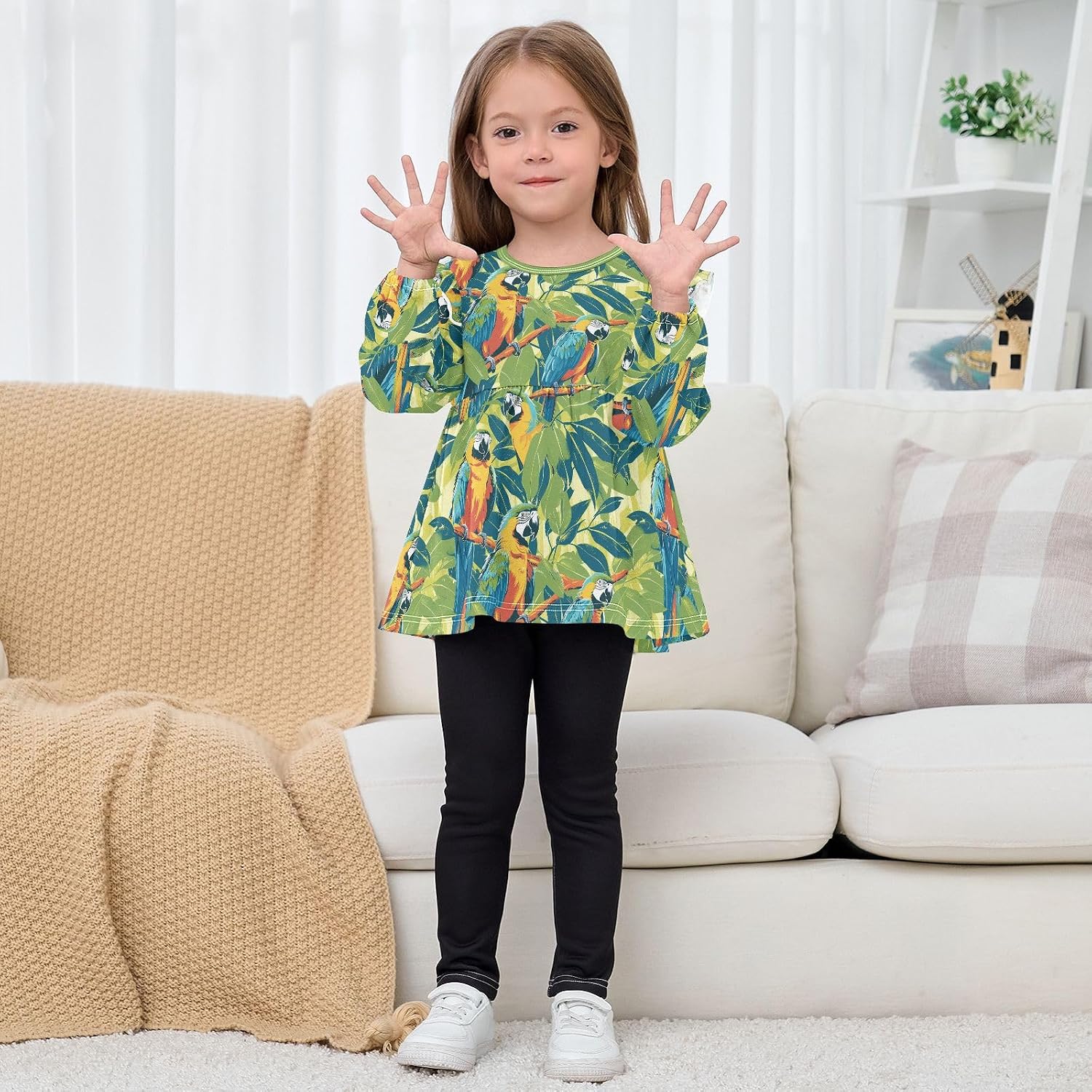 visesunny Toddler Clothes for Girls Tropical Bird Parrot Leaf Long Sleeve Fall Shirts Cotton Top with Ruffle Collar