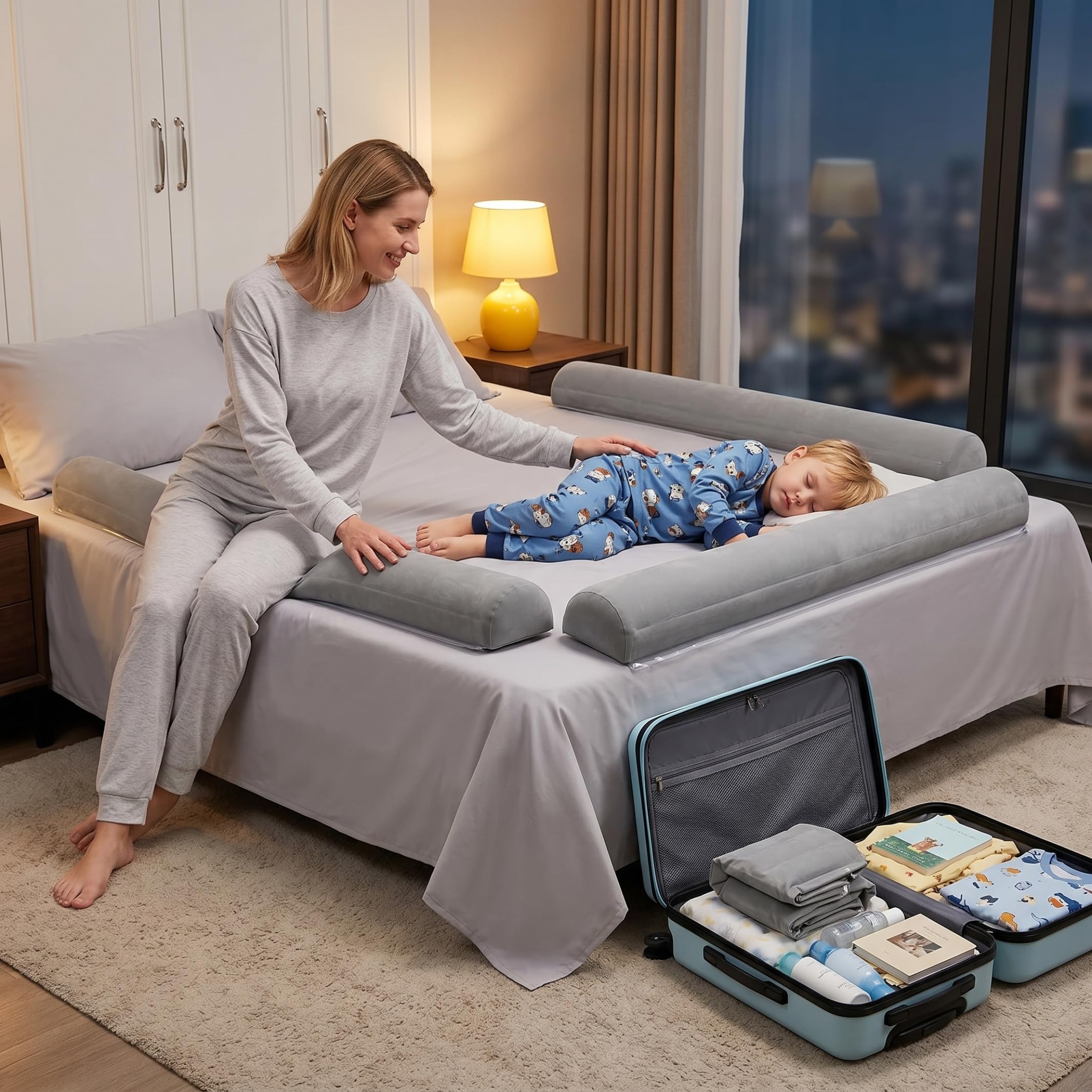 Paraurti per letto portatile da 2 pacchi, sponde per letto gonfiabili da 51x8x6 pollici, paraurti da viaggio lavabili antiscivolo per divano, hotel