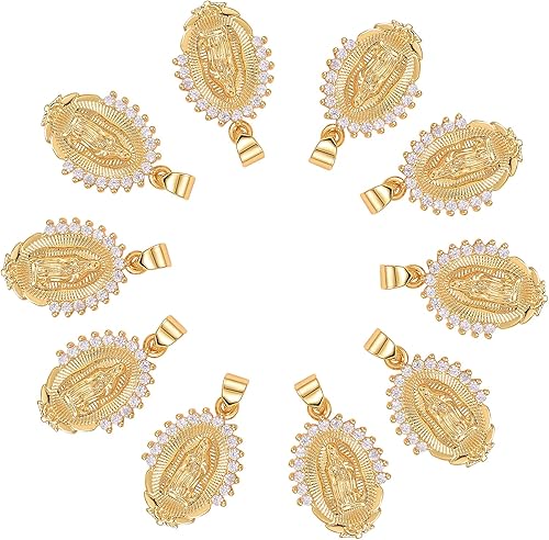 Ornaland 10 dijes ovalados de la Virgen María de 18 quilates, chapados en oro de 18 quilates, colgantes de latón con circonita cúbica para
