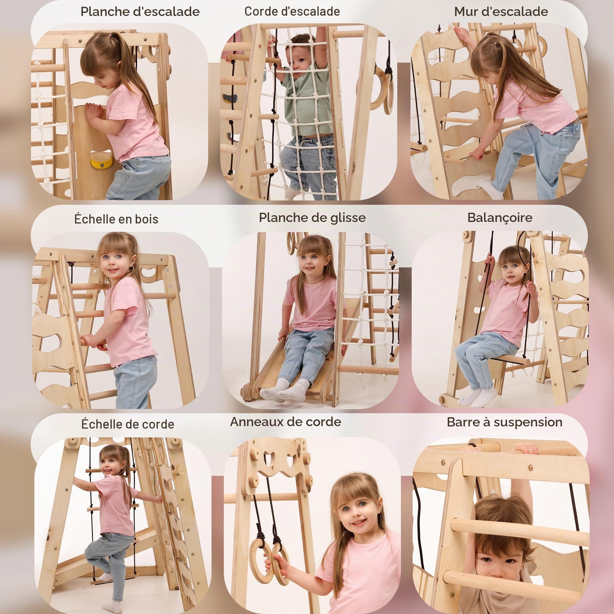 Jungle gym d’intérieur en bois 9-en-1 pour enfants, avec espalier suédois, barres de singe, barre de traction, anneaux, balançoire, échelle de corde, planche d’escalade, toboggan et plateforme