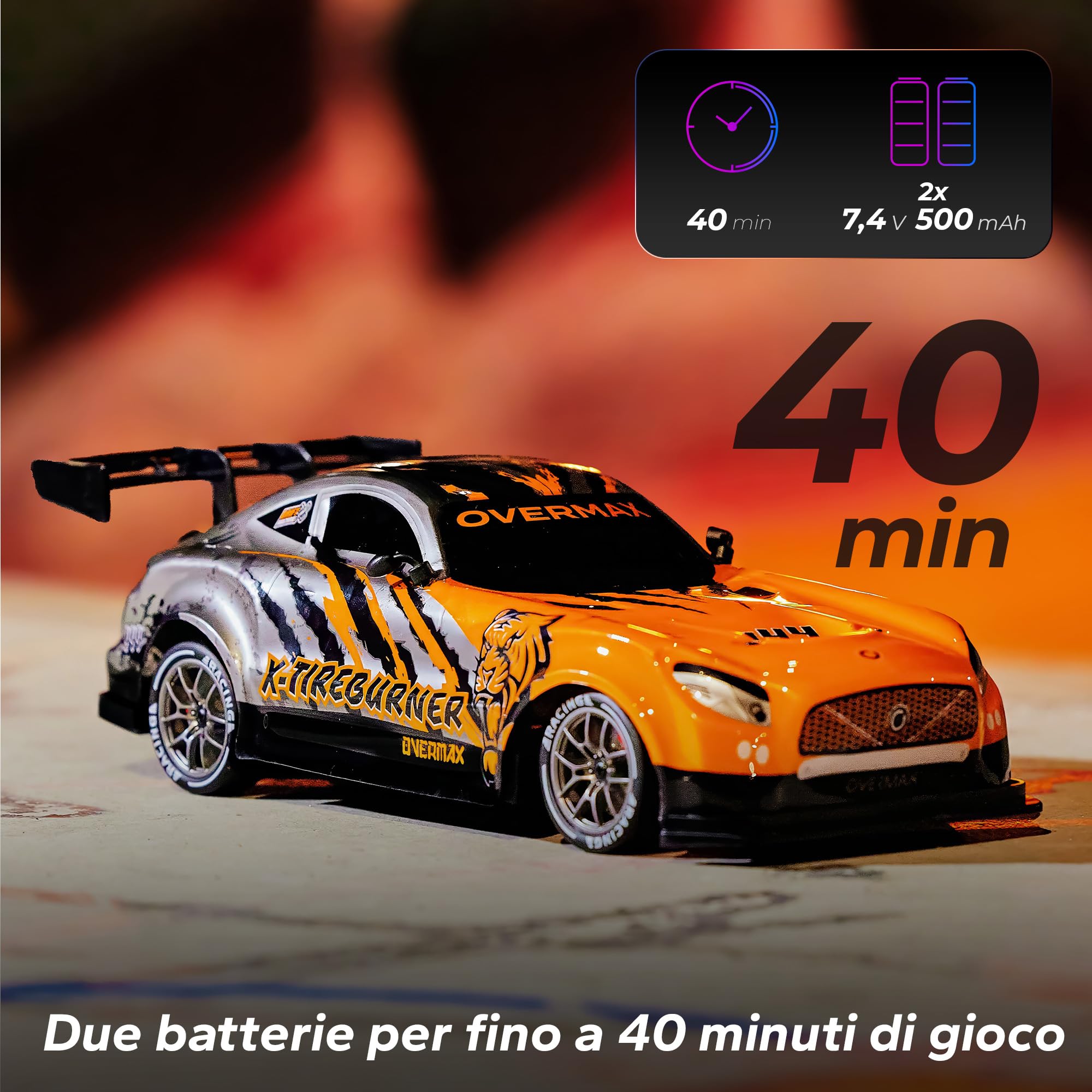 Overmax X-TIREBURNER Macchina Radiocomandata RC per Drift, Macchina Telecomandata per Bambini 8+, 1:16, 20 km/h Portata fino a 80 m, 4WD, 2 Batterie 500 mAh Set di Ruote e Ostacoli Scocca Accessoria