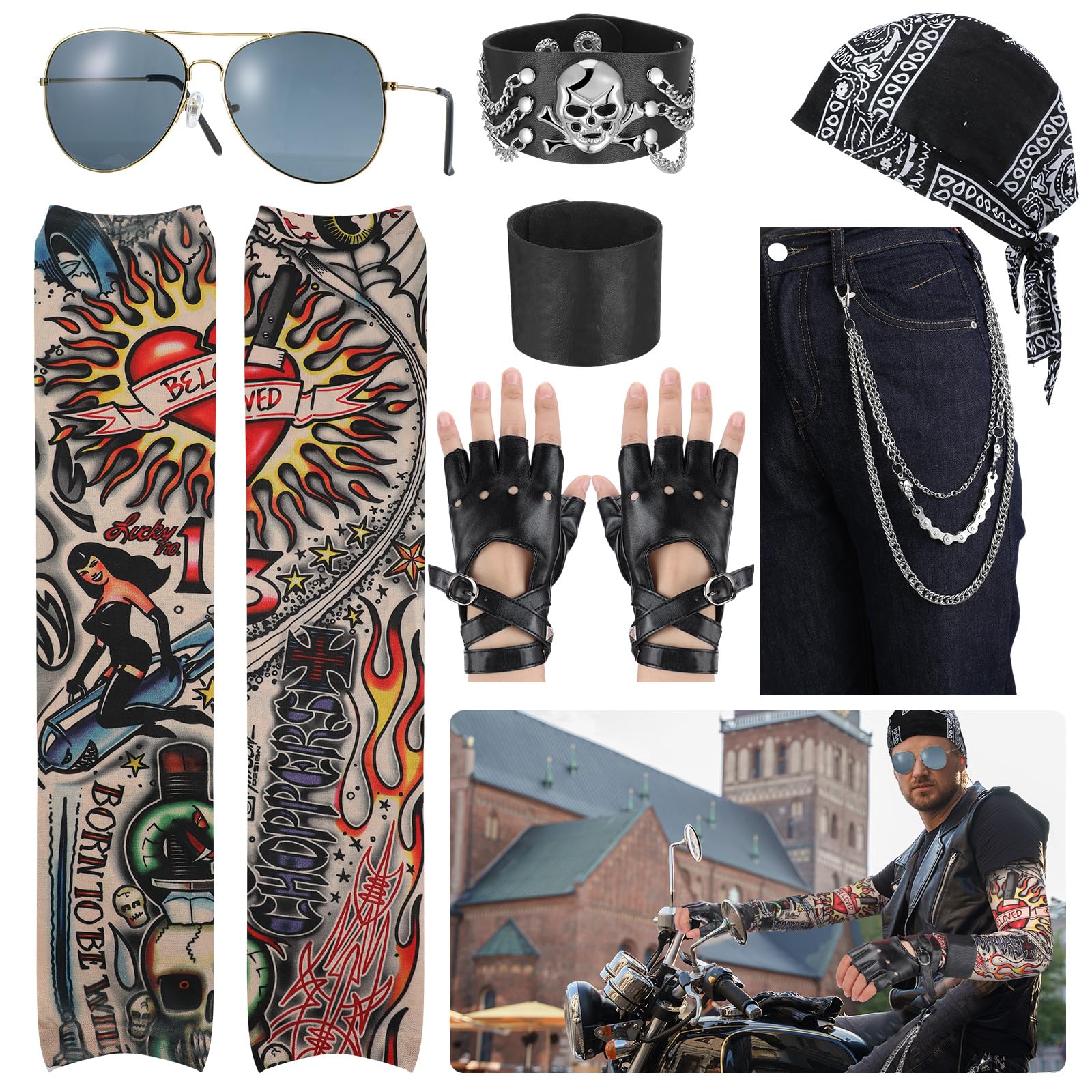 Mepase 7 Pcs Halloween 80s Rocker Punk Biker Costume Set Skull Cap Sunglasses Tattoo Sleeve Gloves Pants Accessory Wristband