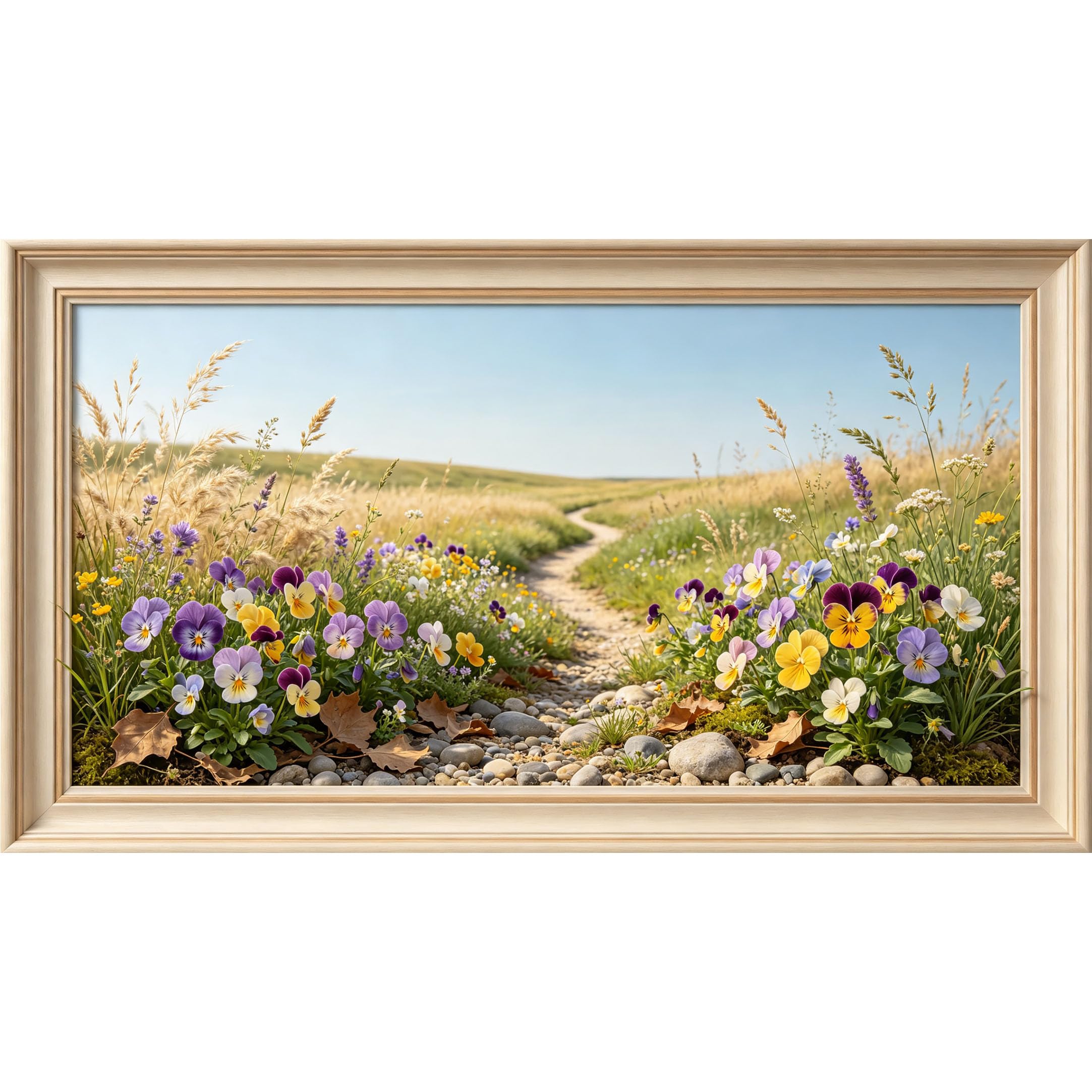 QZLITHOTIC 50x90cm3D Framed Wall Art， Botanical Wildflower Meadow Path Landscape Self‑Adhesive Mural， Water‑Activated Peel & Stick Fabric Decor Wall Decal for Bedroom Living Room