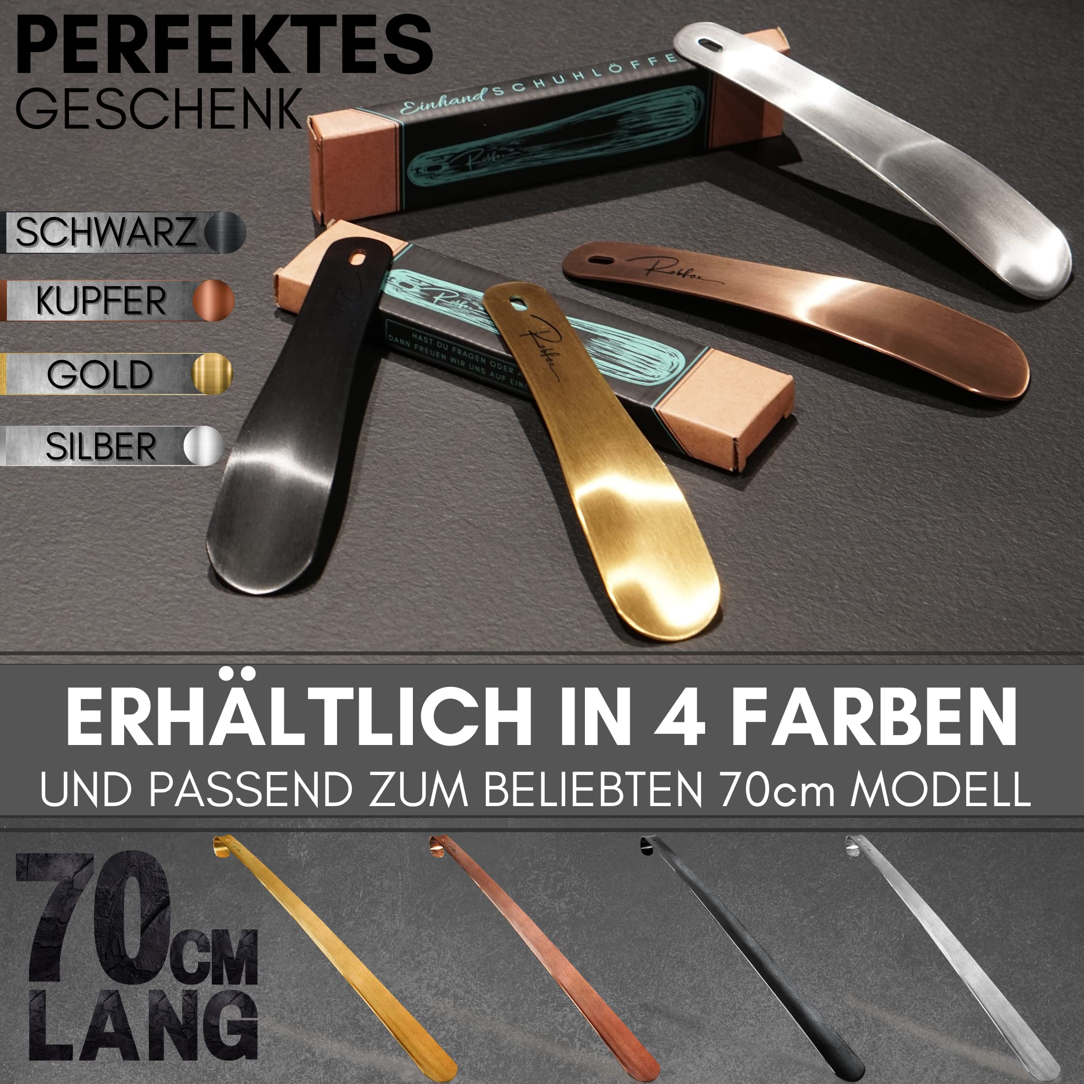 Robfox Schuhlöffel klein I 22cm lang & extra stabil I gebürstetes Metall I Schuhanzieher klein aus Edelstahl I kompakte Schuh Anziehhilfe I Schuhauszieher kurz I kleiner Kinder shoe horn