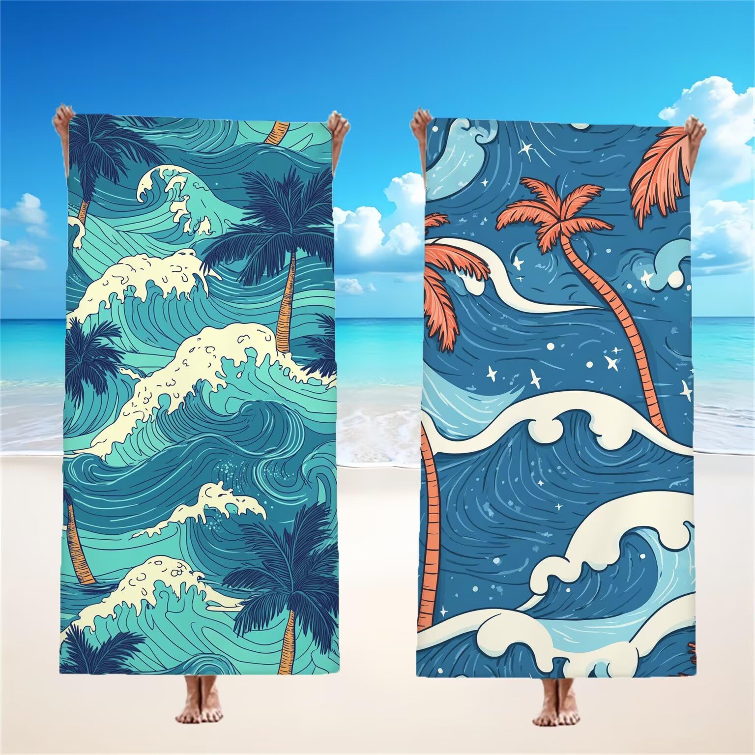 Serviette de Plage 90x200cm, Bleu Serviette Microfibre Lot de 2 Flots Motif Ultra Absorbantes Séchage Rapide Anti Sable Légère Drap de Plage avec Bouton Pression Design pour Piscine Voyages, Model446