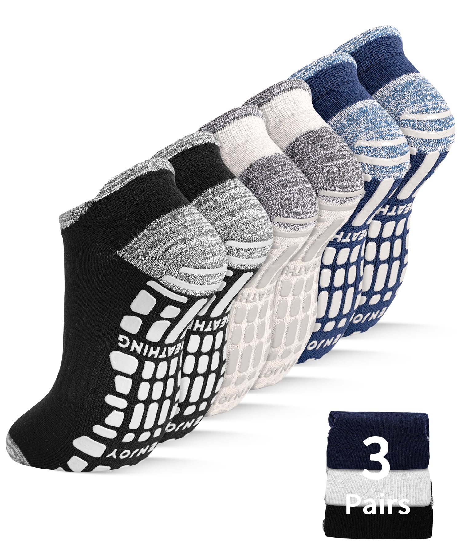 SkiBeaut Pilates Grips Socks,3 Pairs Unisex Yoga Non Slip Grippy Cushion Sticky Barre Hospital Socks for Women Men
