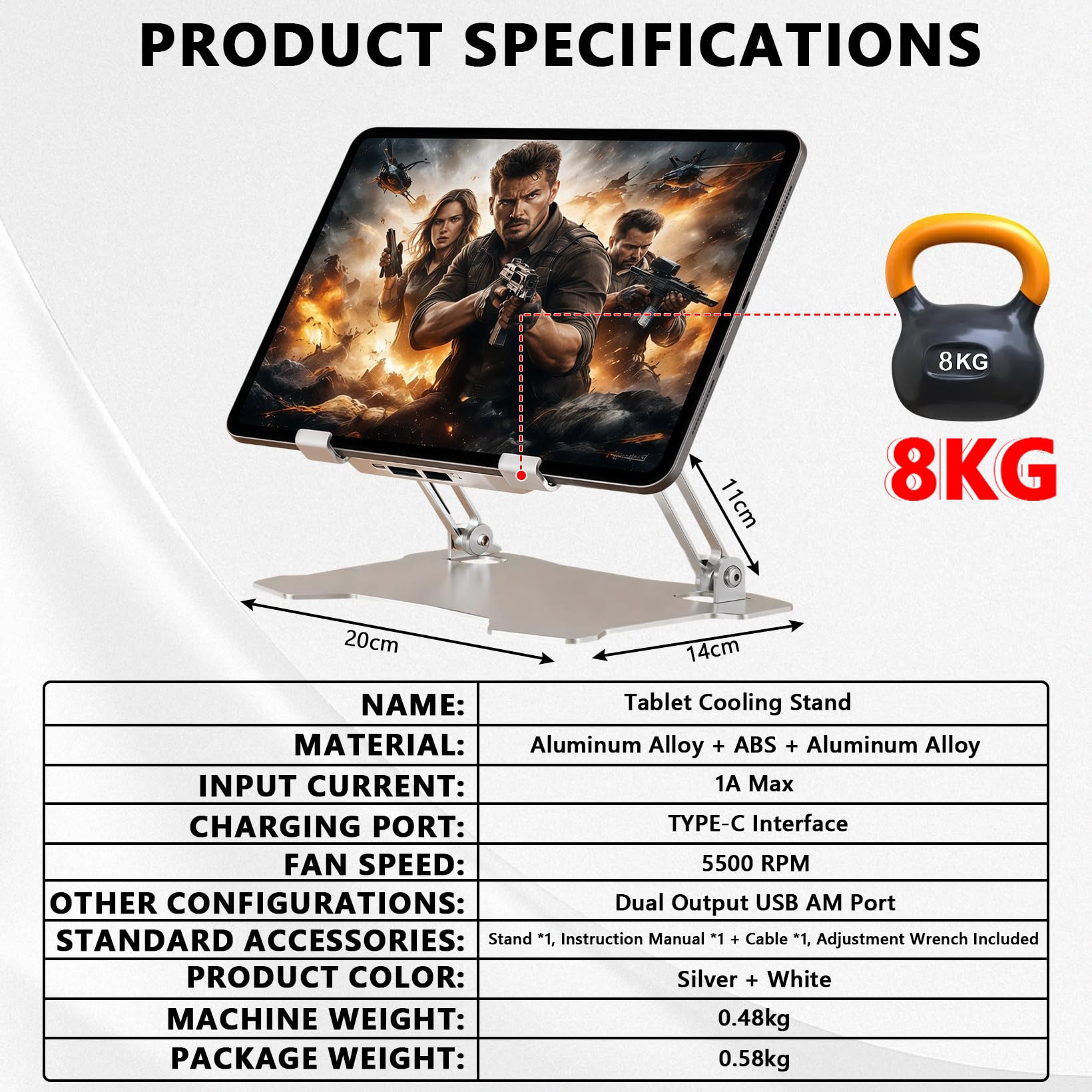 Laptop Ständer mit Kühlventilatoren, Tablet-Kühler mit Halterung Ausgestattet 4 Lüfter, Höhenverstellbar, Faltbar Aluminium Laptop Kühler für Mobiltelefone, Tablets und kleine Laptops, 8KG Tragkraft