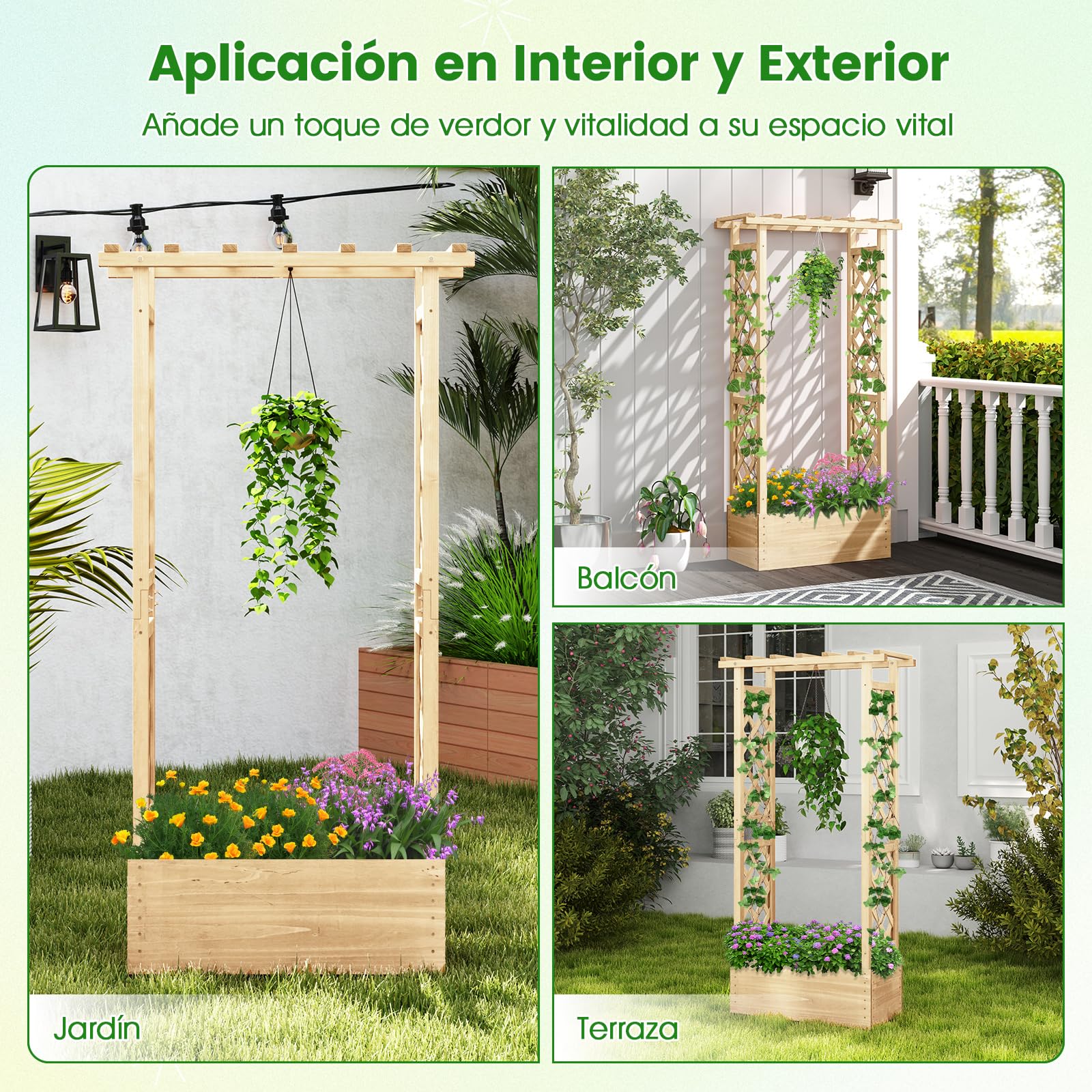 COSTWAY Cama de Jardín Elevada con Enrejado, Jardinera de Madera Independiente con Techo para Colgar, Agujeros de Drenaje para Plantas Trepadoras, Flores, Maceta de Plantación para Patio (Natural)