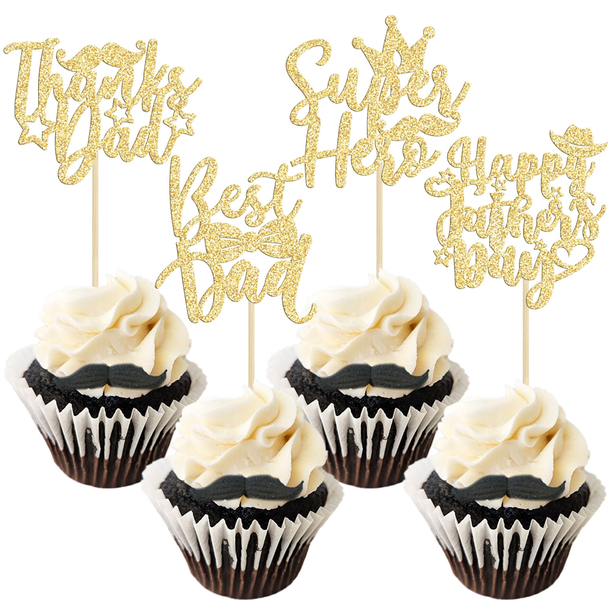 Gyufise 24Pcs Gold Glitter Father's Day Cupcake Toppers Best Dad Cupcake Picks Thanks Dad Cake Decorations Toppers Picks for Father's Birthday Party