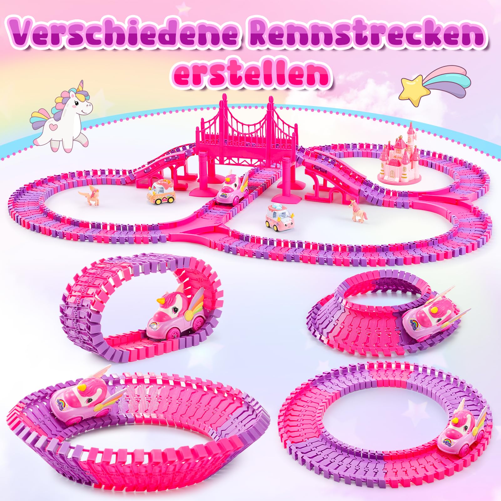 iKidiki Geschenk für Mädchen 3 4 5 6 7 8 Jahre Geburtstag, Rennstrecke Auto Kinder Einhorn Spielzeug Mädchen 3 4 5 6 7 8 Jahre Rennstrecke Elektroauto Spiel Mädchen 3-8 Jahre elektrischer Zug Kinder