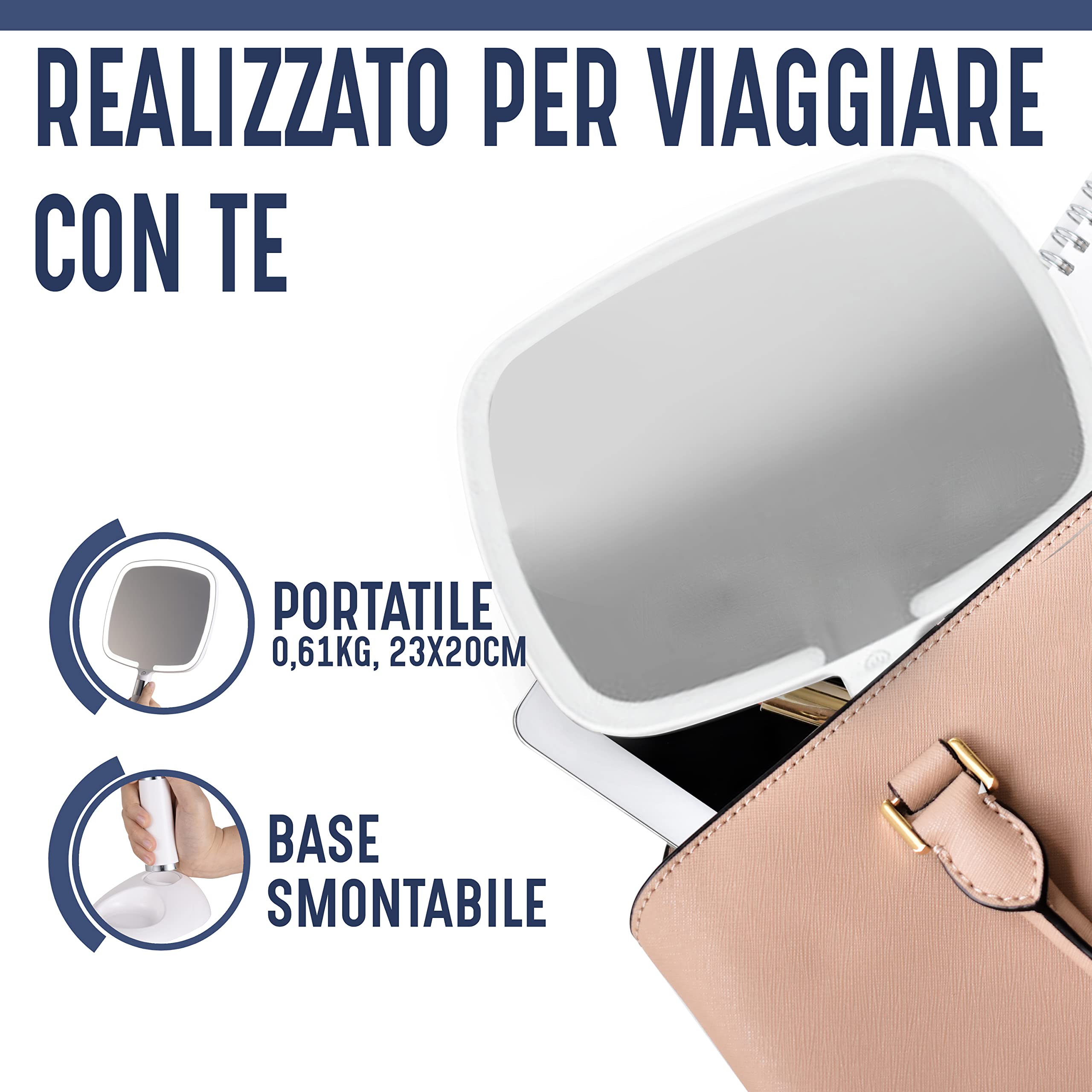 Mirrorvana Specchio a mano illuminato portatile con manico ergonomico - con base removibile e 3 modalità di luce - ideale per trucco e make up - 23 x 20 cm (bianco)