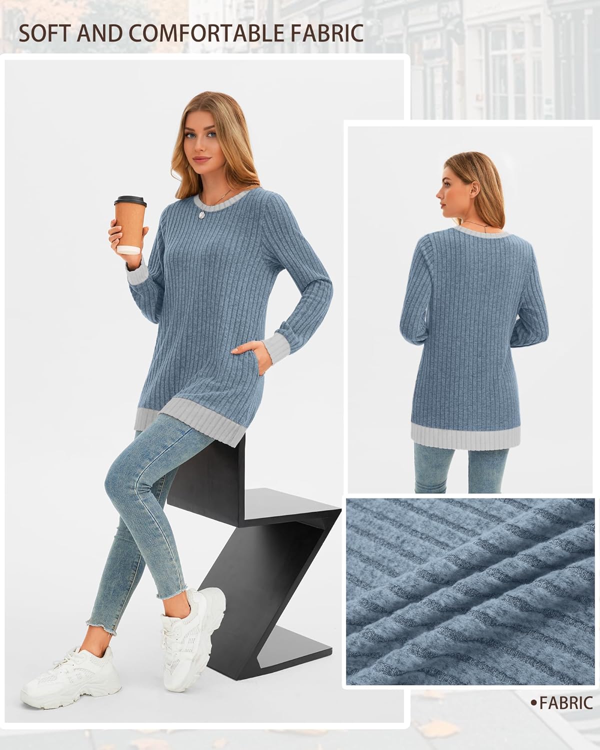 Women's Long Sweater to Wear with Leggings Lightweight Crew Neck Color Block Pullover Tunics Tops with Pocket - Image 6