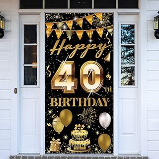 HTDZZI 40th Birthday Door Banner, Happy 40th Birthday Decoration Women Men, 40 Years Old Birthday Backdrop Photo Booth Props, Black Gold 40 Birthday Party Yard Sign Supplies for Outdoor Indoor Sturdy