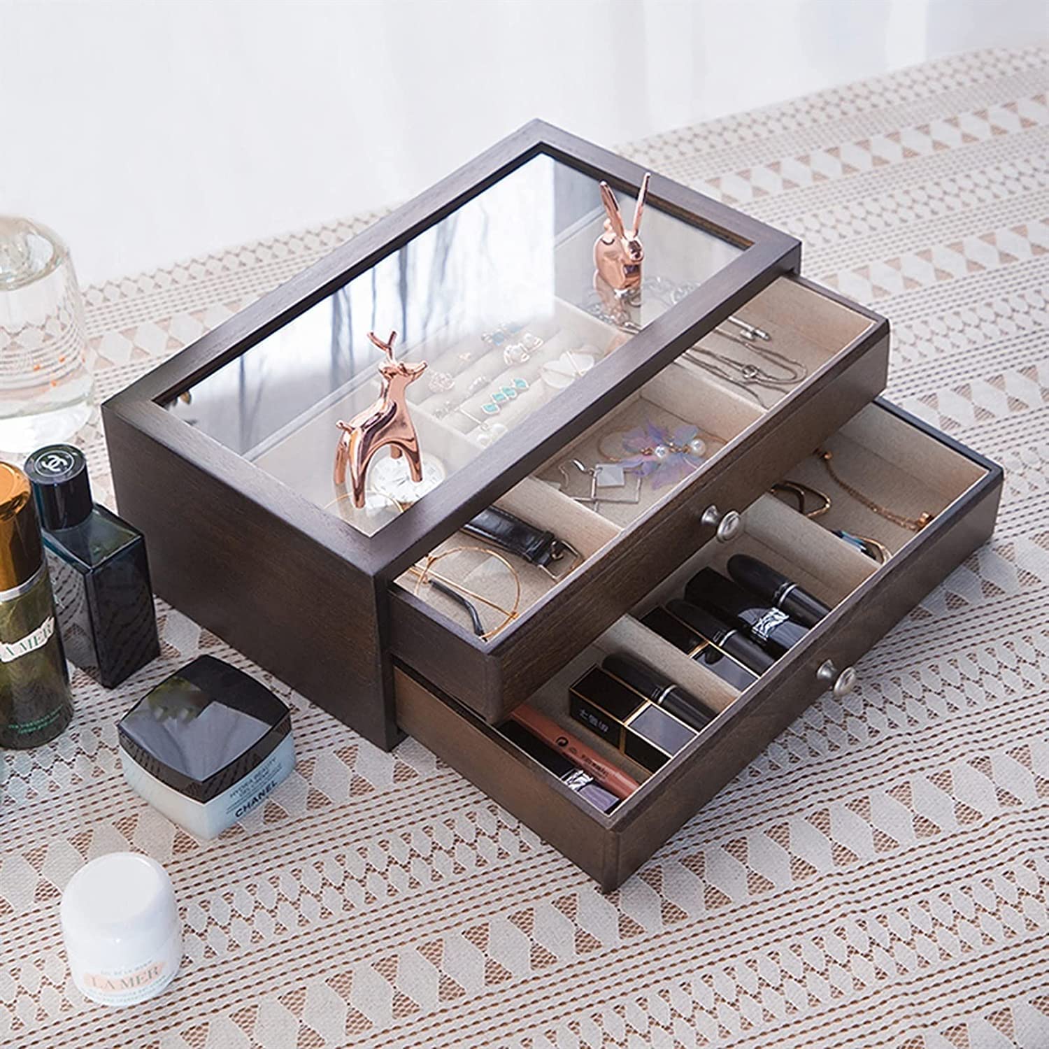 YCTTKDD Pudełko podróżne na biżuterię Organizer do pudełek na biżuterię Vintage etui na biżuterię z 2 szufladami i przezroczystą szklaną pokrywką Drewniane (przezroczyste) ciekawe