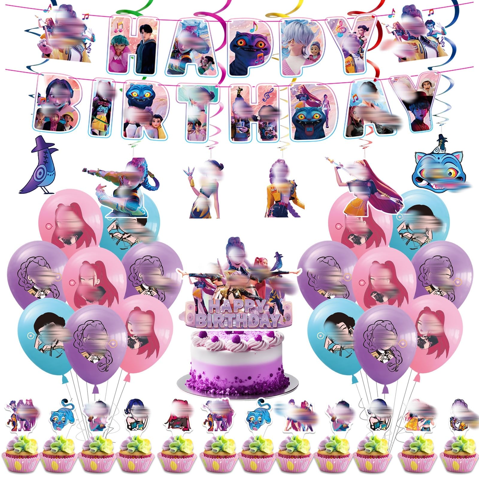K Pop Birthday Decorations, 50 Pcs Birthday Party Decorations with Cake Toppers Balloons Banner Hanging Swirls for Fans Kids Girls