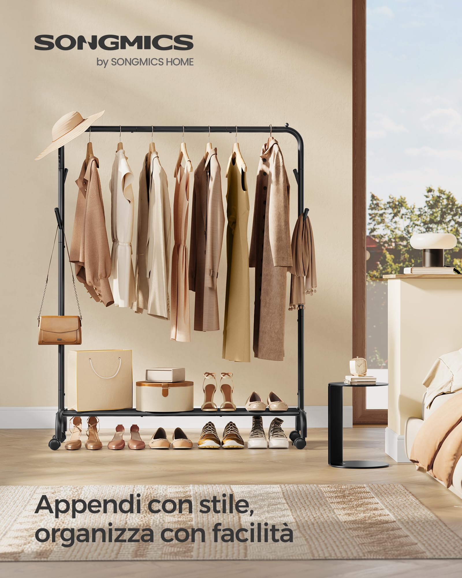 SONGMICS Stand Appendiabiti Singolo, Attaccapanni con Ruote, Struttura in Acciaio, Portata fino a 50 kg, Larghezza di 103,5 cm, Multifunzione, Nero HSR131B01