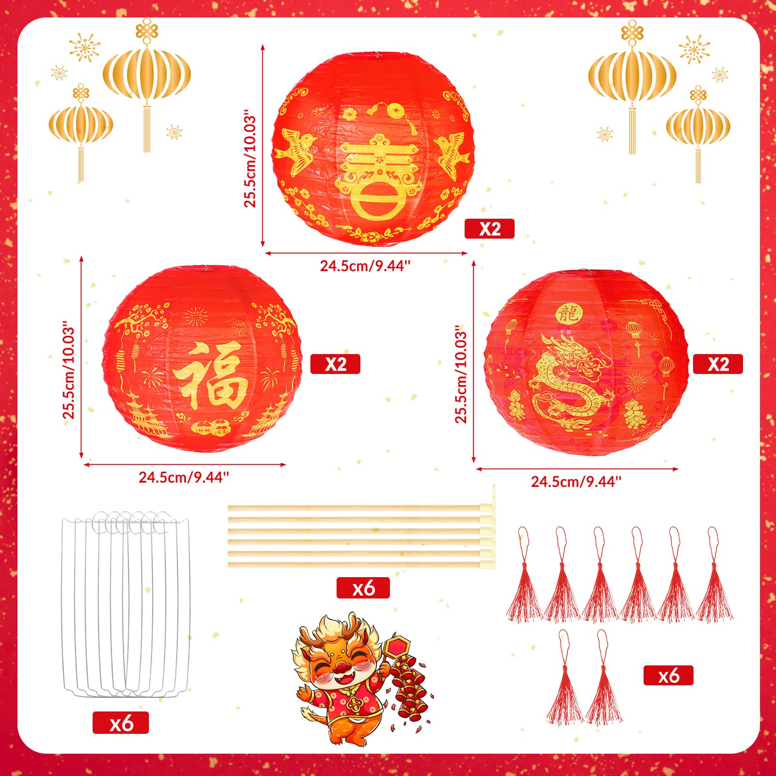 HOWAF 6pcs Chinese New Year Round Paper Lanterns Fu Chun Dragon Character Red Lantern for 2025 Lunar New Year Decorations,Spring Festival Hanging Round Lanterns Decorations,Year of The Snake Lanterns