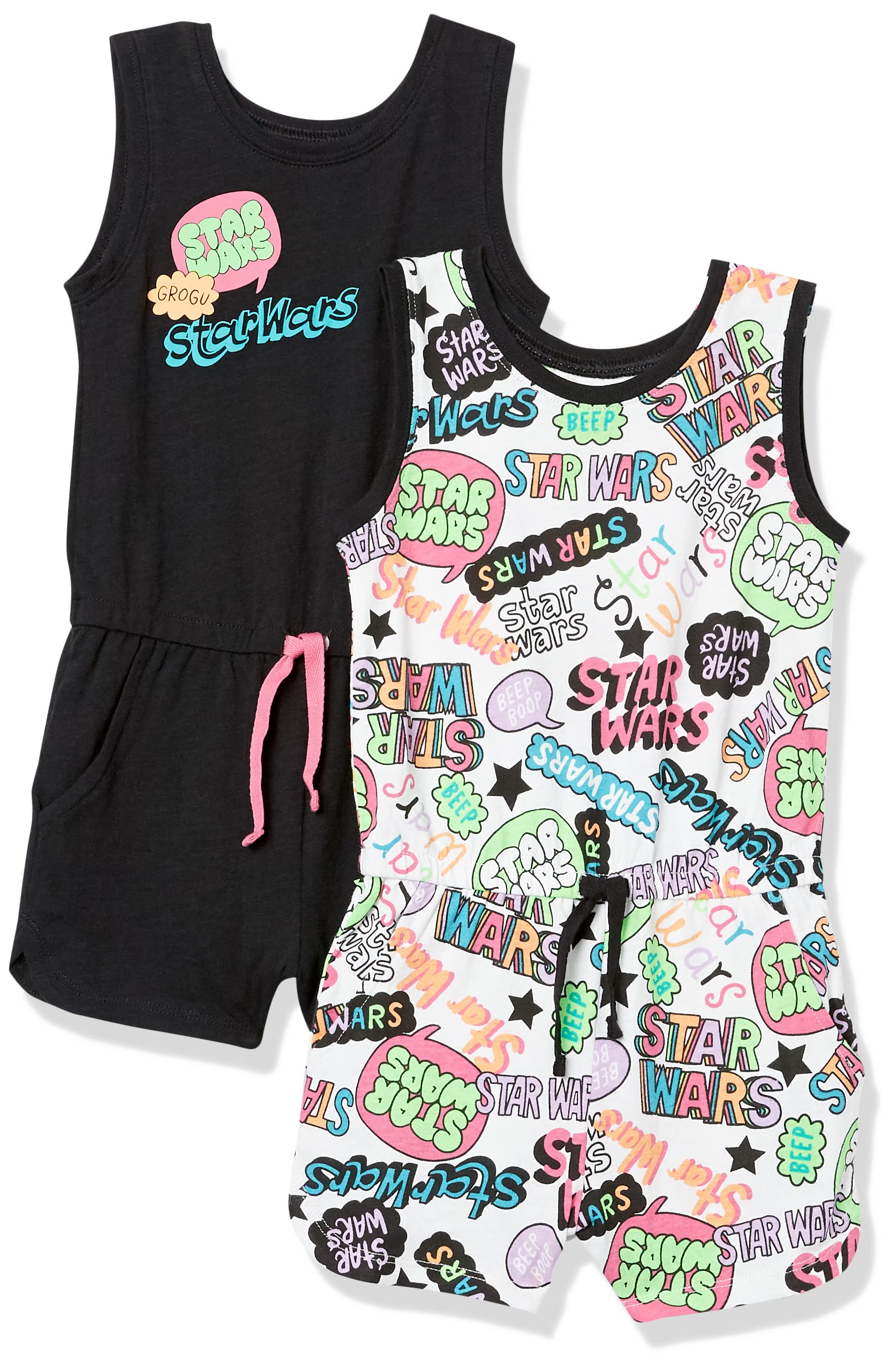Amazon Essentials Disney | Marvel | Star Wars | Frozen | Princess Girls and Toddlers' Knit Sleeveless Rompers, Pack of 2