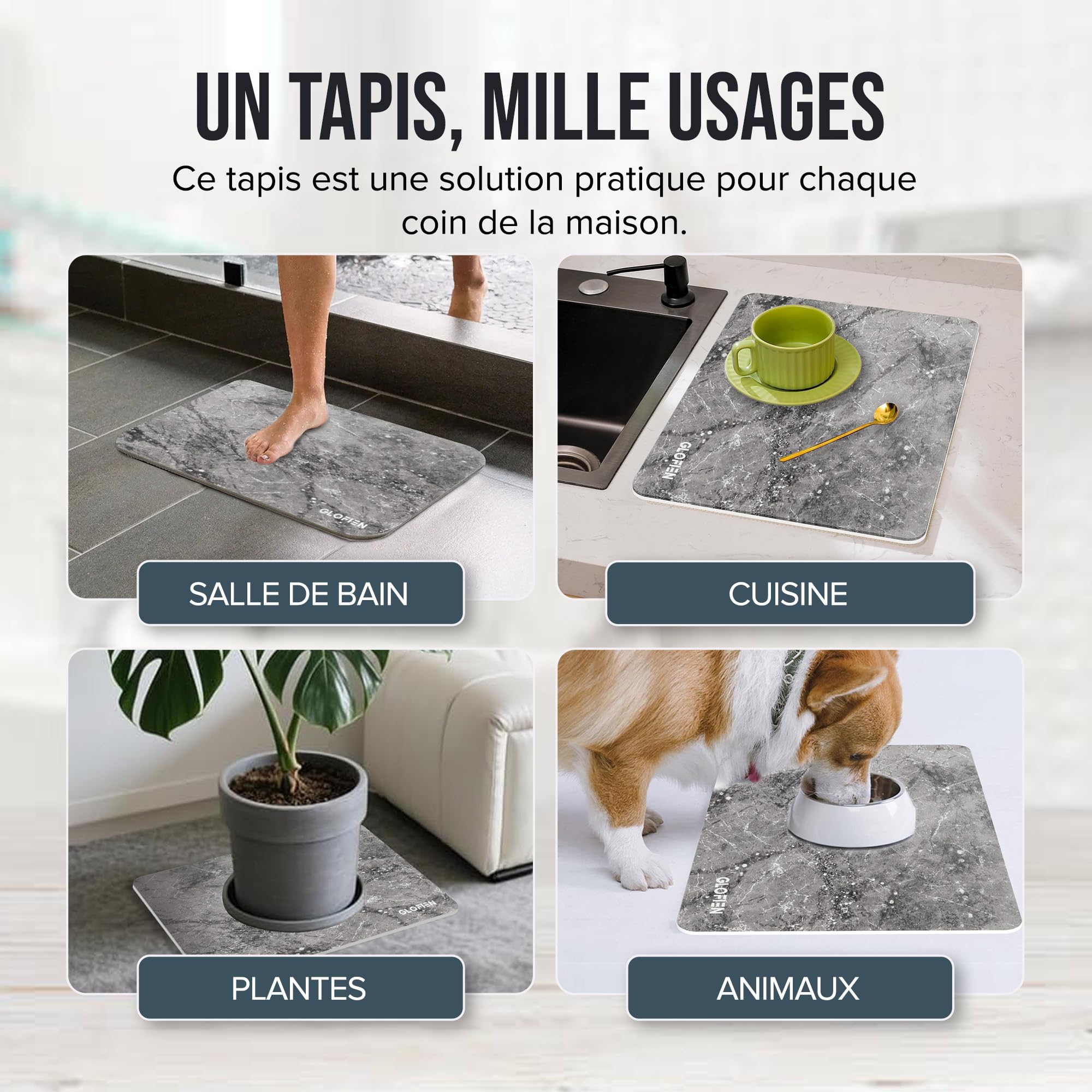Tapis de Bain Diatomite 60x40 cm Antidérapant Ultra Absorbant Séchage Rapide