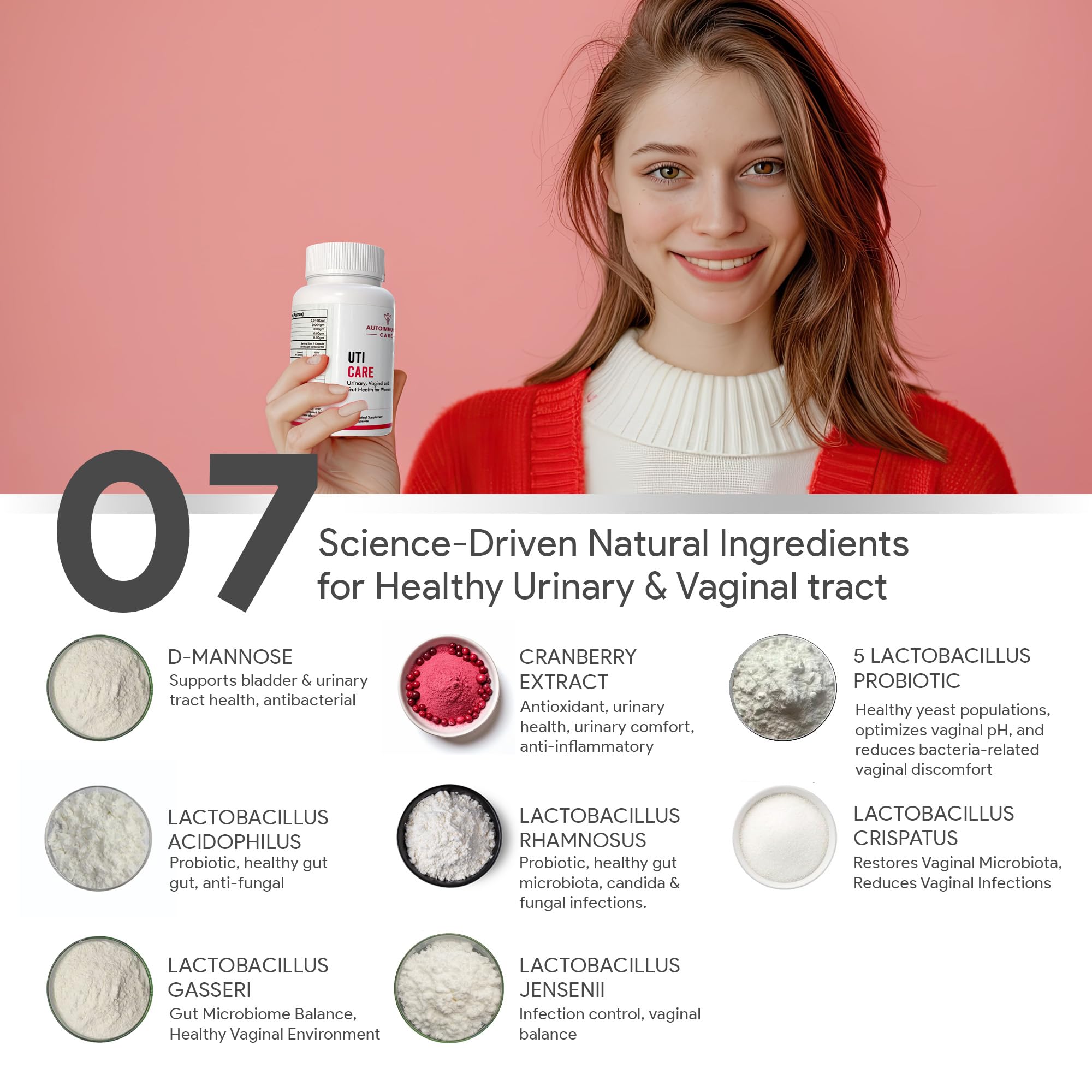Autoimmunity Care: UTI Care - Women’s probiotics for optimal urinary and vaginal microbiome | Cranberry extract, D-Mannose, Lactobacillus Acidophilus, Lactobacillus Rhamnosus, Lactobacillus Crispatus, Lactobacillus Gasseri, Lactobacillus Jensenii | For Women's Urinary & Vaginal tract microbiome, Gut and Immune health | 60 capsules - Image 7 thumbnail