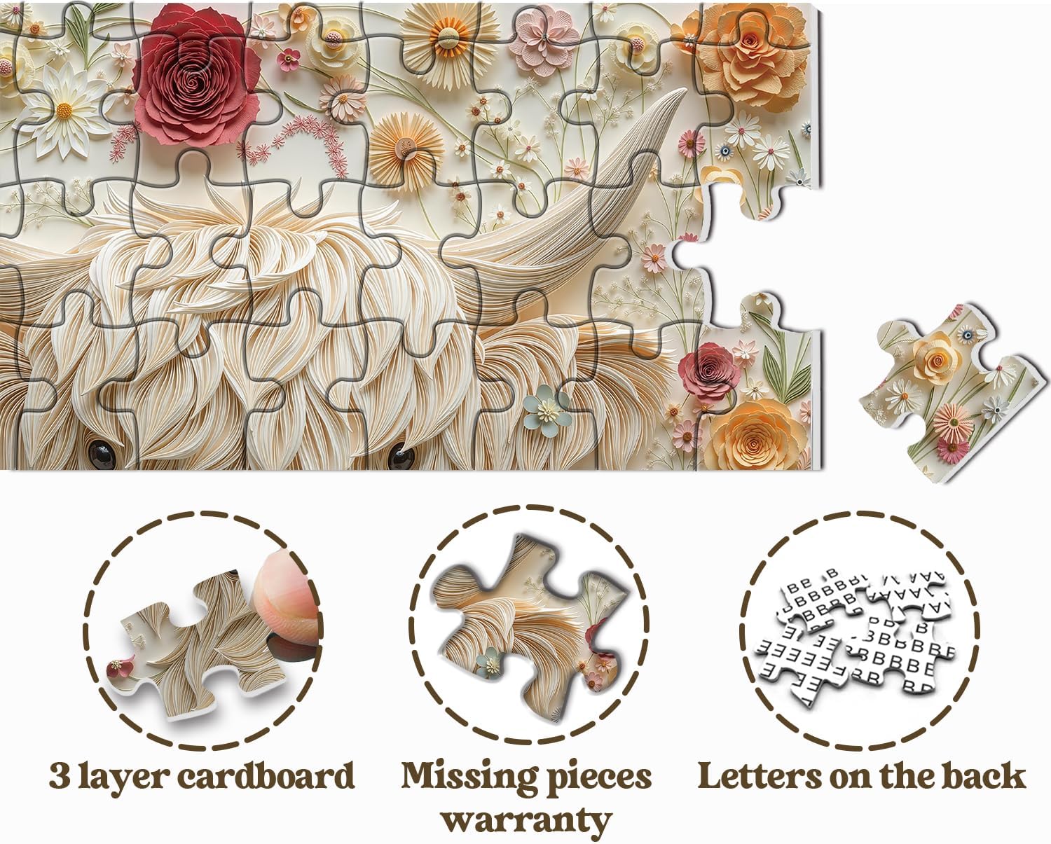 Highland Cow Puzzles for Adults 1000 Pieces, Colorful Floral Paper Art Jigsaw Puzzle, Nature Flower Garden Animal Puzzle