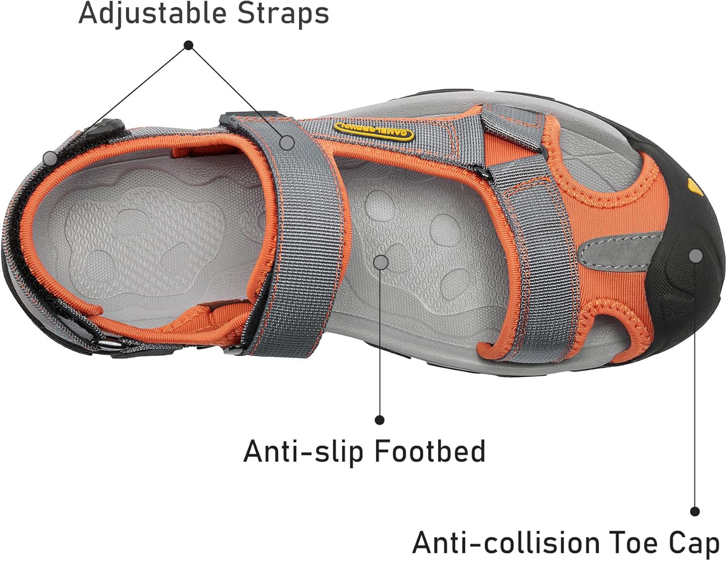 CAMEL CROWN Men's Waterproof Hiking Sandals Closed Toe Water Shoes Athletic Sport Sandals for Summer Outdoor Beach Wading Boat 9 Gray/Orange