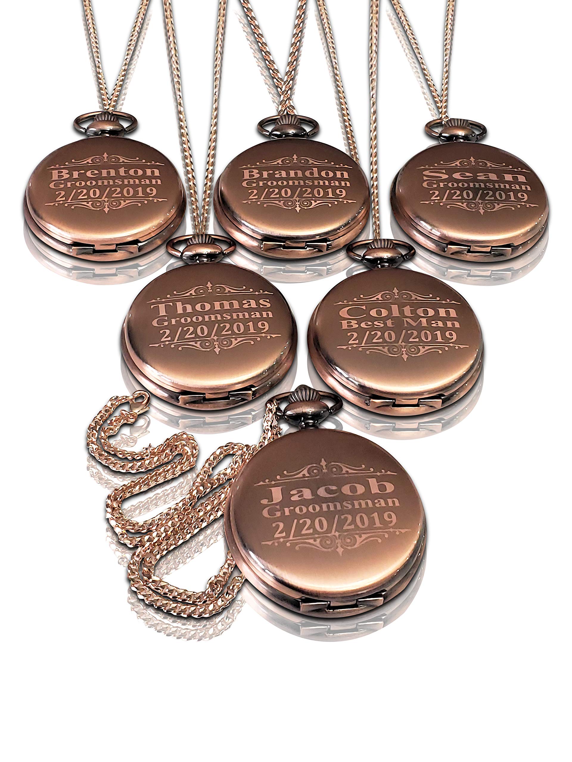 Personalized Pocket Watches Set of 7 Groomsmen Wedding Unique Gifts, Chain, Box and Engraving Included, Comes in 4 Colors (Rose Gold)