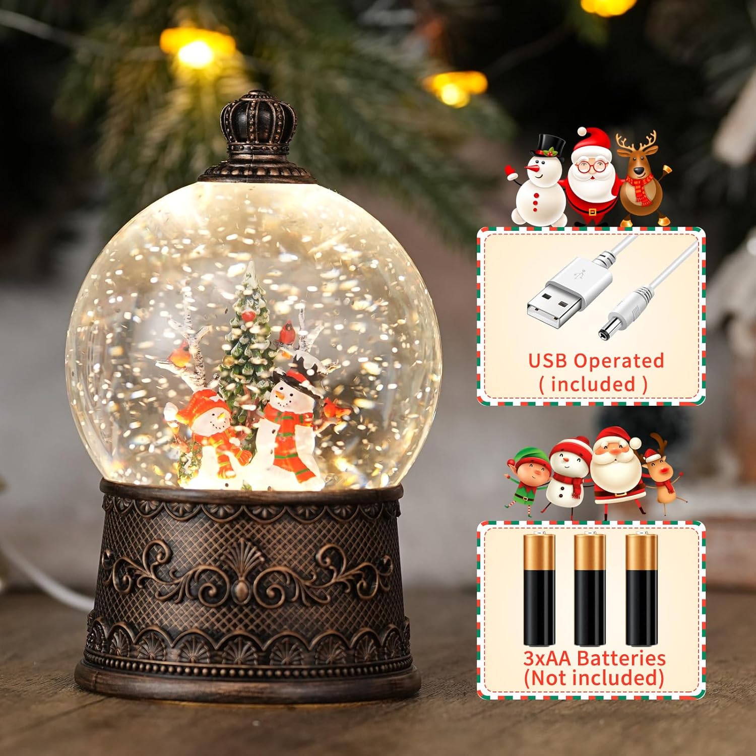 Snow Globe with Snowman, Light Up Christmas Snow Globes with Music Timer - USB Plug or Battery Operated Glitter Globe Indoor Christmas Decorations - Image 3