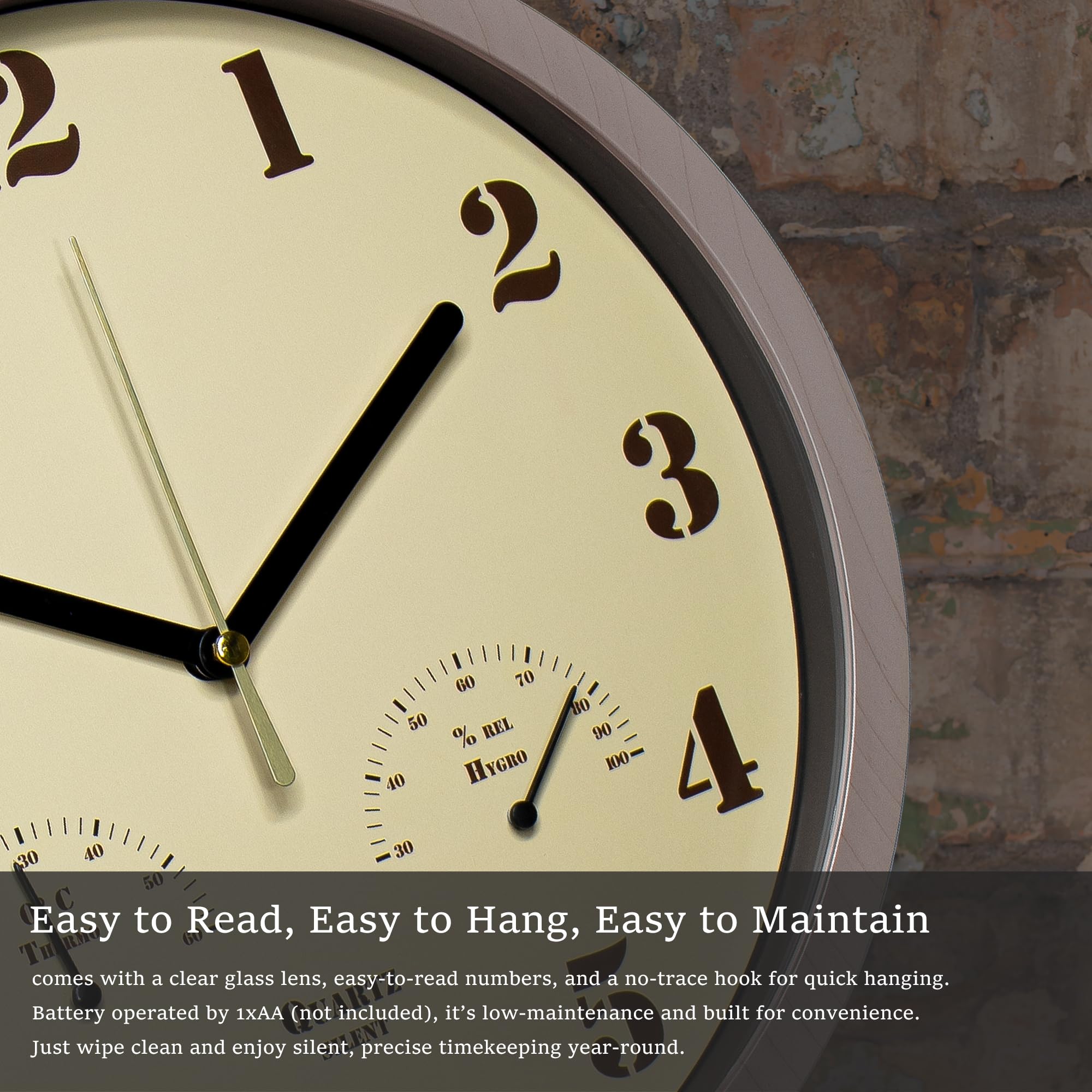 laimaimi Small Outdoor Clocks for Patio 10 Inch Silent Non-Ticking Analog Clock with Thermometer & Hygrometer, Battery Operated, Indoor Outdoor Use Waterproof Wall Clocks