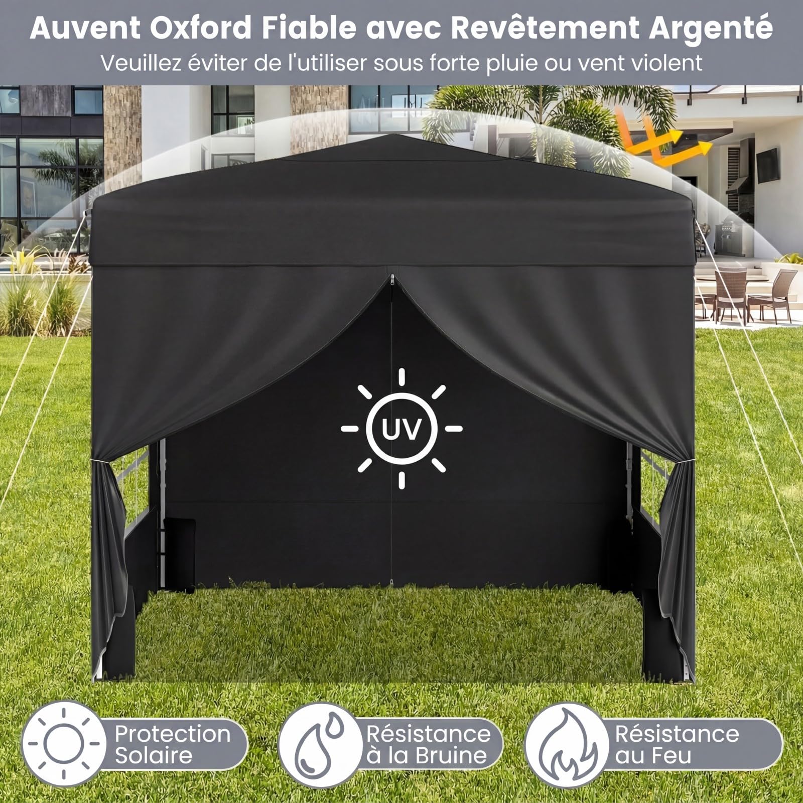 COSTWAY Tonnelle Pliante 3x3 Imperméable, Tonnelle de Jardin Exterieur avec 4 Parois Amovibles, Sac à roulettes&Fenêtres Transparentes, Barnum Réglable en Hauteur pour Camping, Fêtes, Stand (Noir)