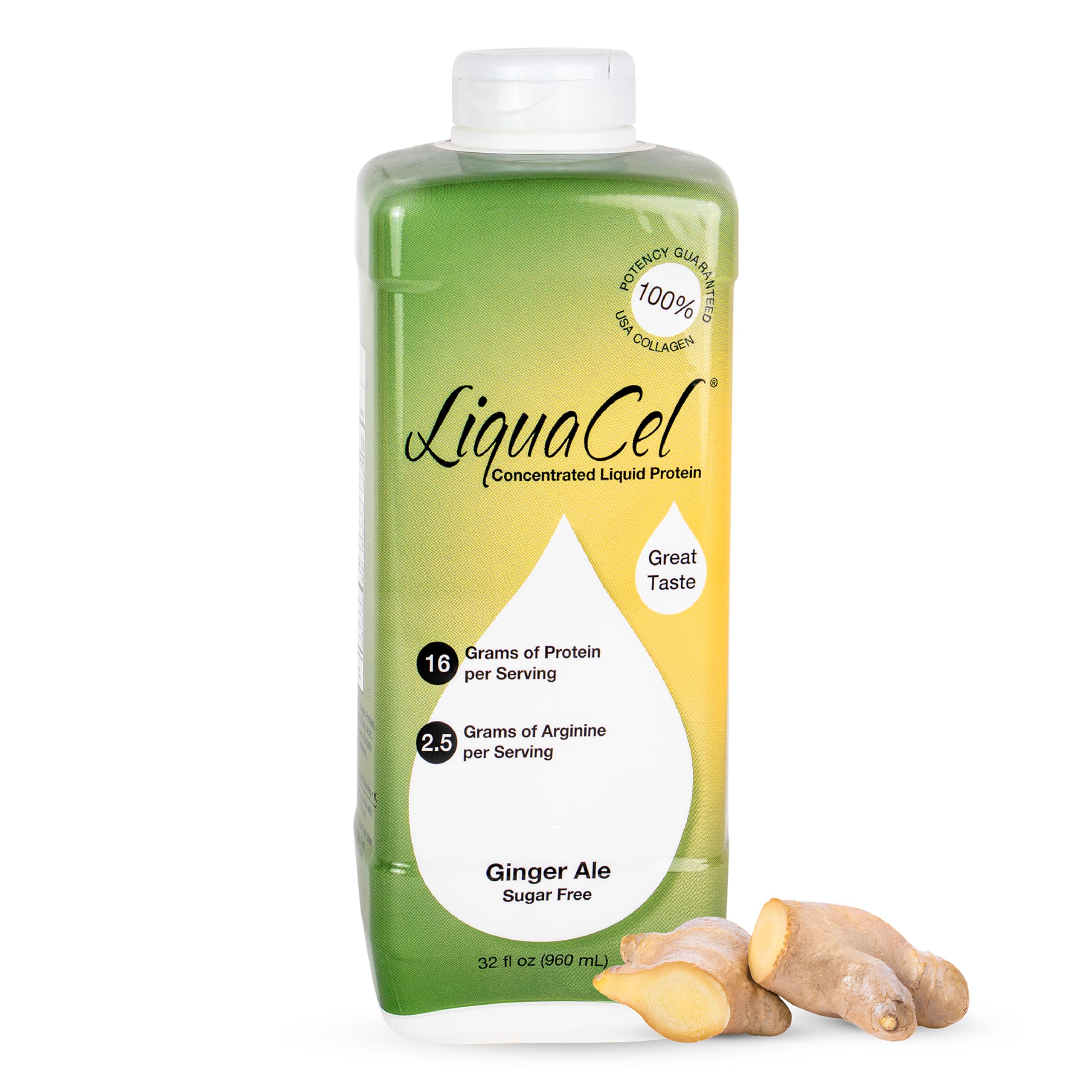 Concentrated Liquid Protein, Ginger-Ale Flavor, Ready-to-Drink, 16g Hydrolyzed Collagen Protein and 2.5g Arginine Per 1oz Serving, Sugar & Gluten Free, Recovery Formula, 32 fl oz Bottle