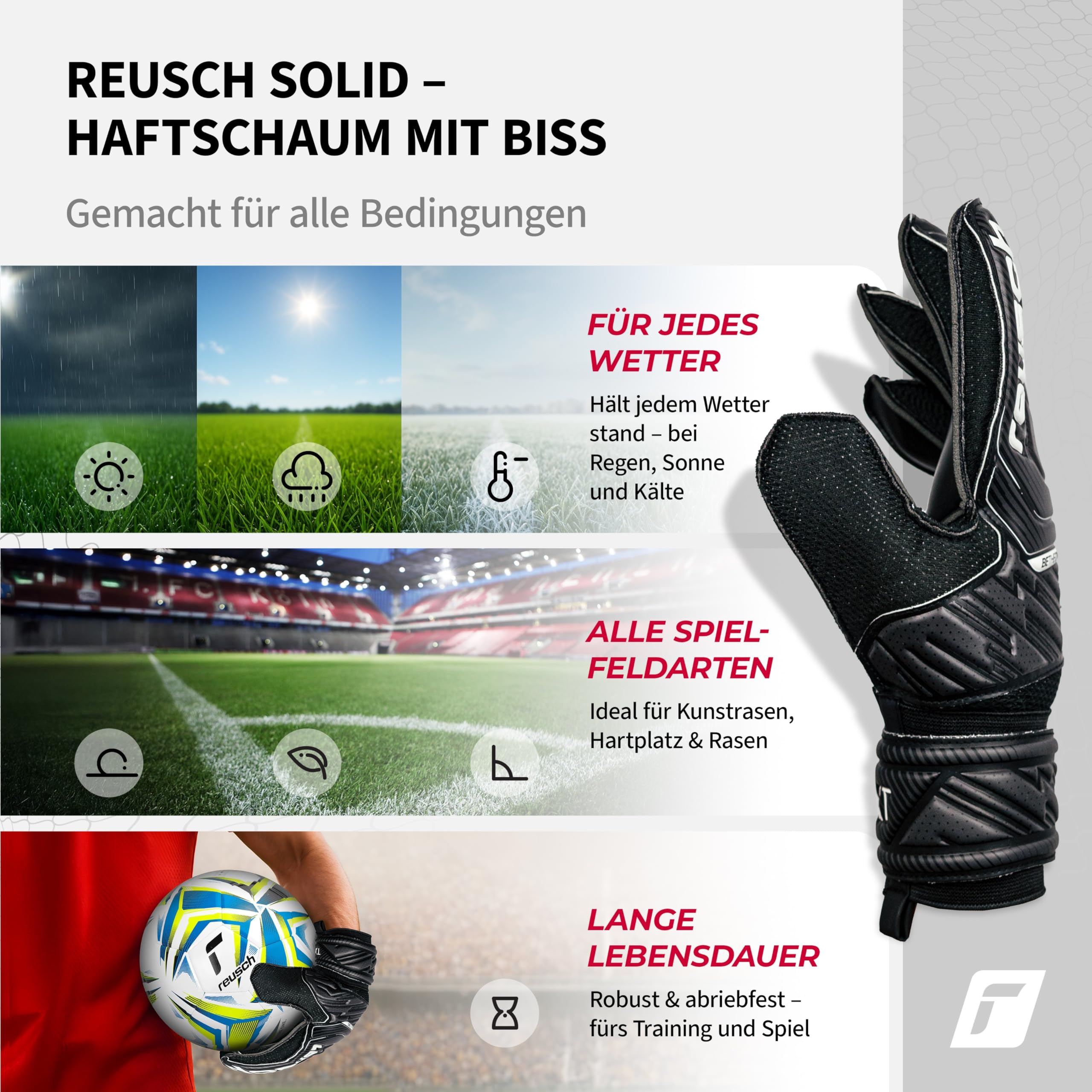 Reusch Torwarthandschuhe Herren Erwachsene | robuster Grip, stabile Passform & Starke Ballkontrolle | für Training & Spiel | Kunstrasen, Naturrasen & Hartplatz | Größe 7,5-11 | Attrakt Solid