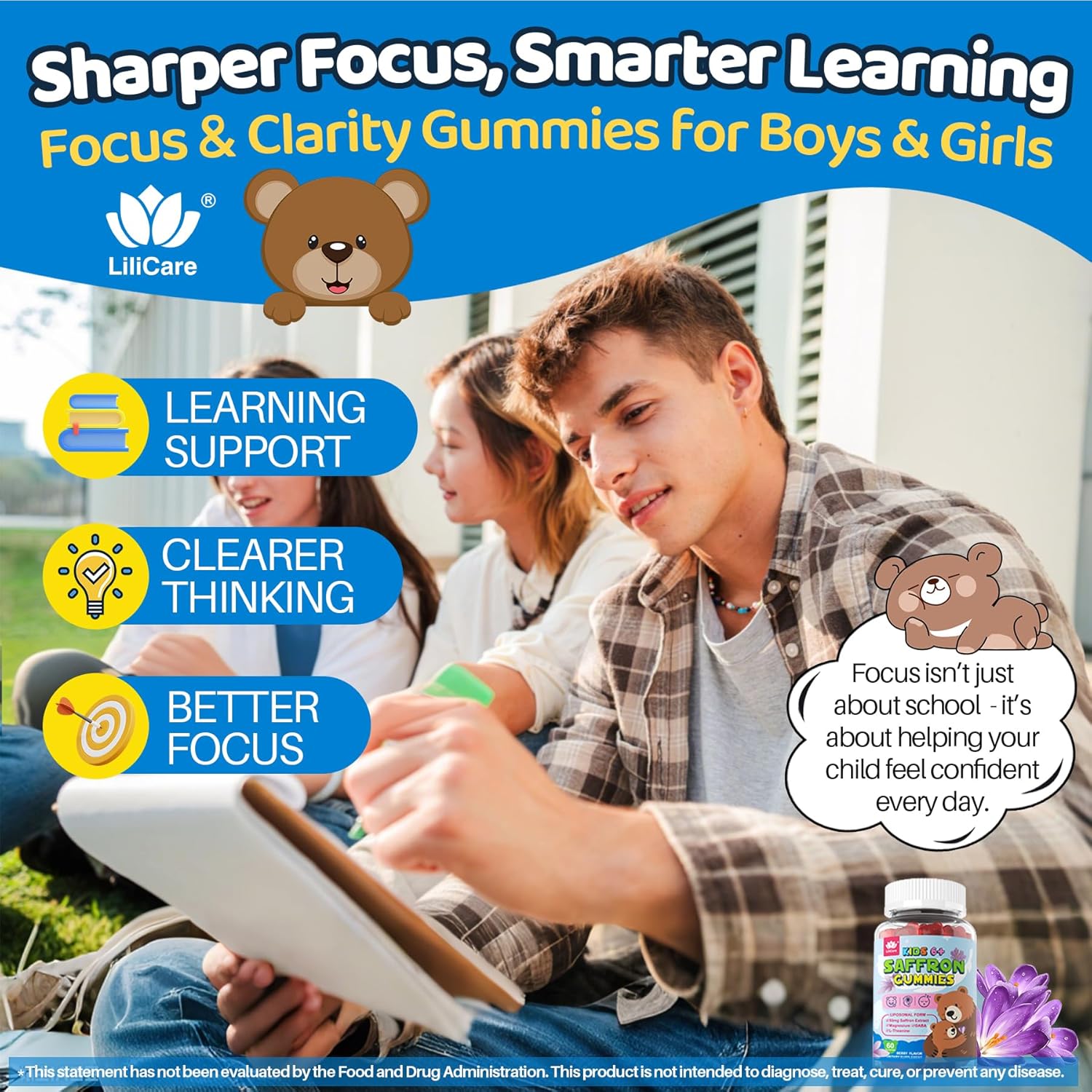 Saffron for Kids Gummies, Liposomal Saffron Supplements Focus Calm Gummies, Organic Saffron Extract with Magnesium Glycinate, L-Theanine & GABA for Mood Sleep - Melatonin Free, Sugar Free, Vegan,120Ct - Image 7