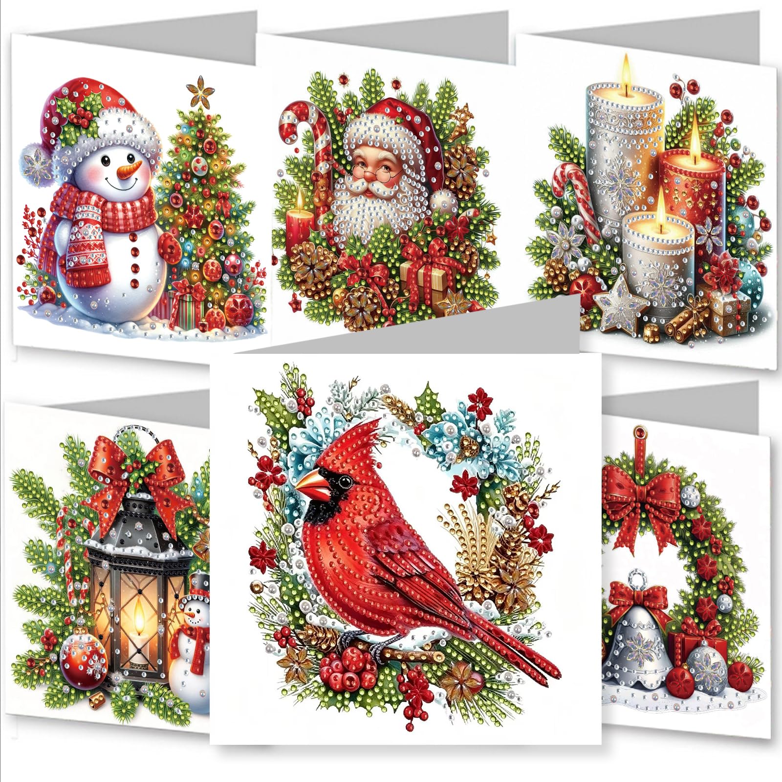 YEESAM ART 6pcs Diamond Art Christmas Cards Kits Santa Pine Wreath, DIY Crystal Painting Art Greeting Cards Sets with Diamond Painting Tools Envelopes Xmas Anniversary Mosaic Festival Craft Gift
