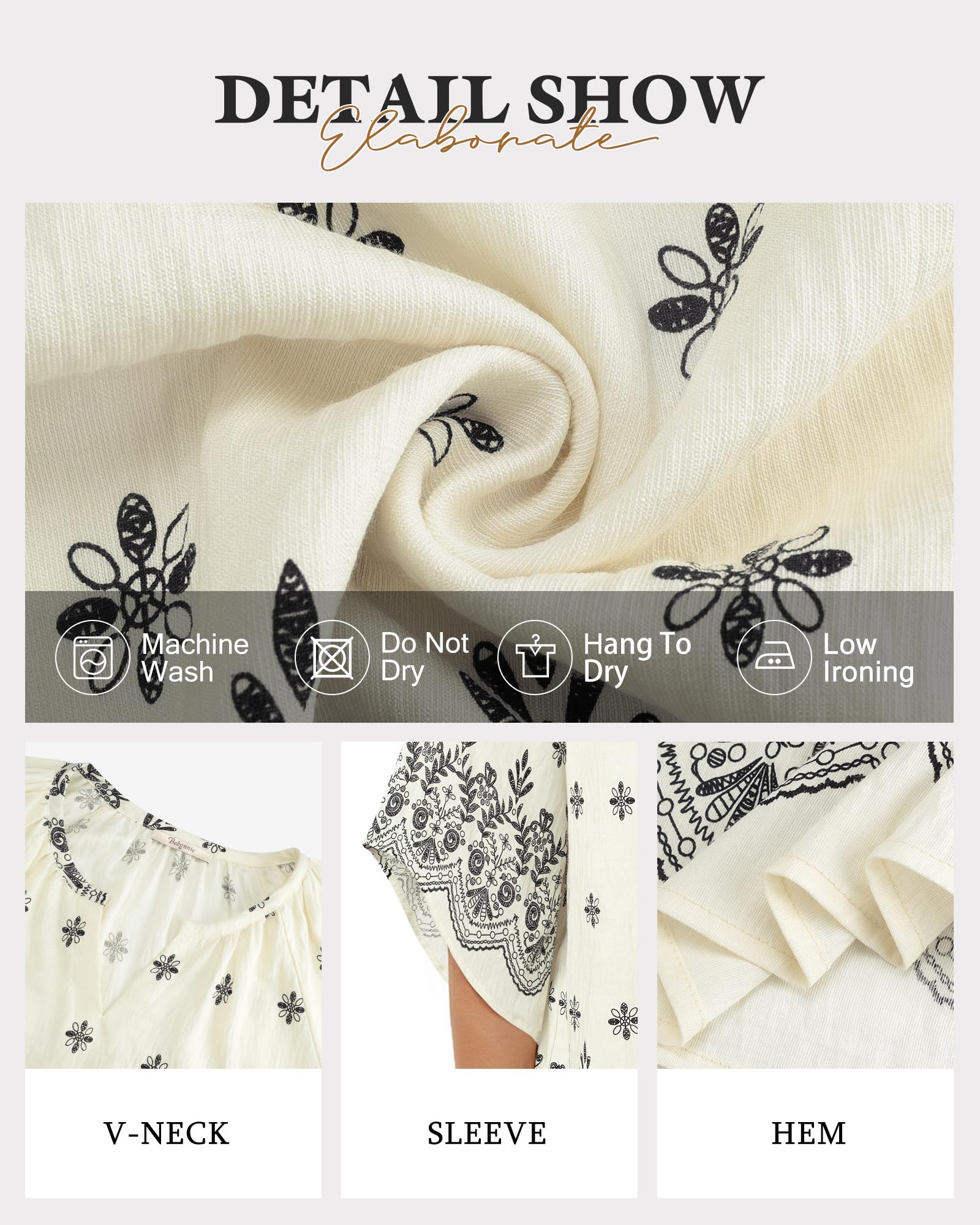 Bebonnie Womens 3/4 Sleeve V Neck Bohemian Peasant Blouses Casual Loose Fit Tunic Tops