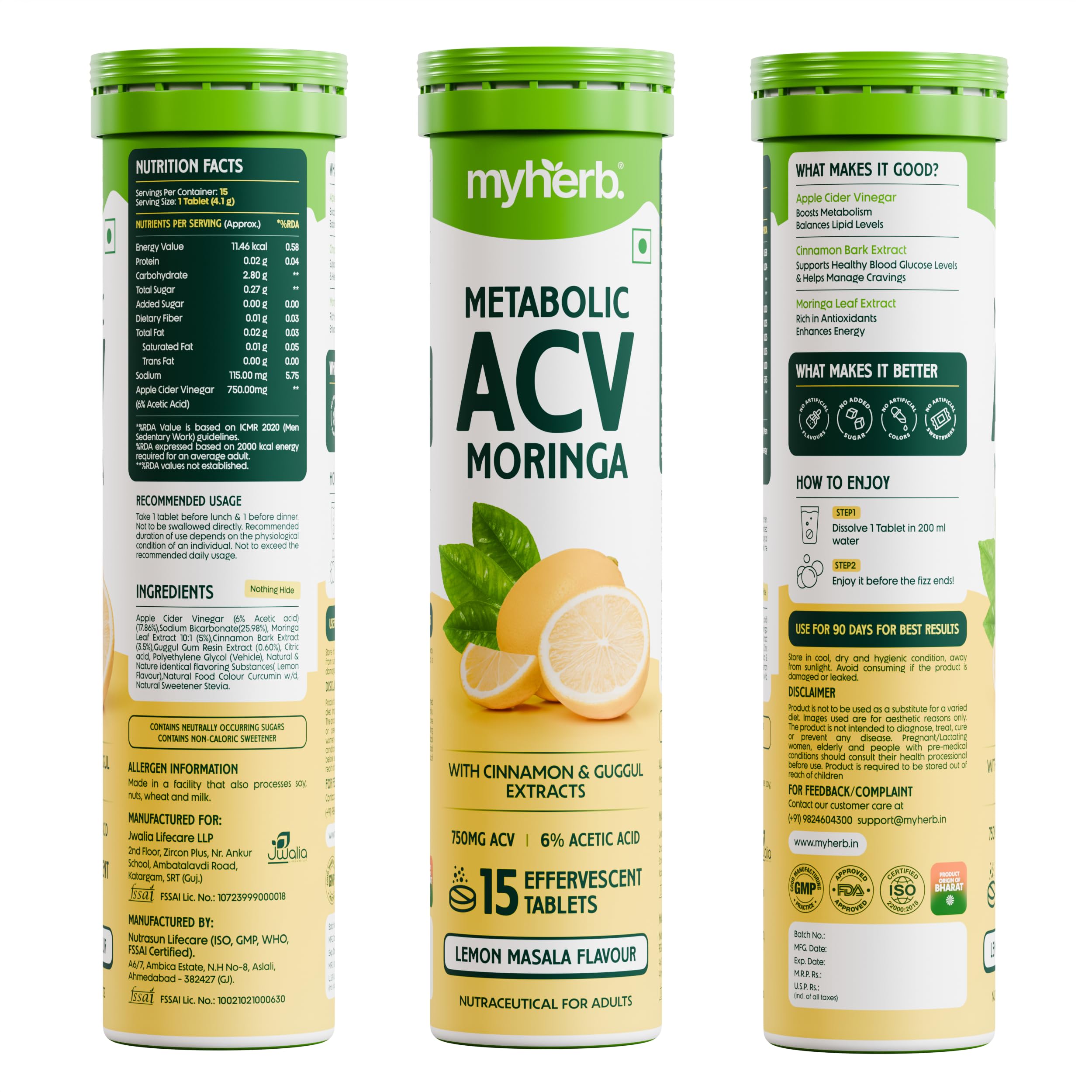 MYHERB ACV Moringa | 15 Effervescent Tablets To Control Cravings,Convert Fat Into Energy | Boost Energy | Apple Cider Vinegar, Cinnamon, Guggul | No Added Sugar (15 count (Pack of 1), Leman Masala) 4